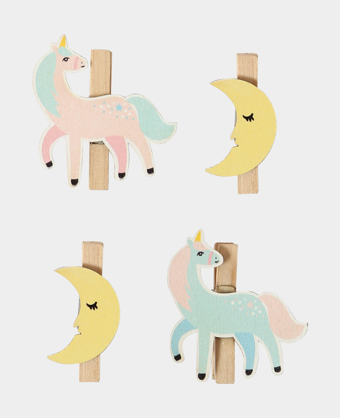 Wooden peg unicorn/moon, 4 pcs.
