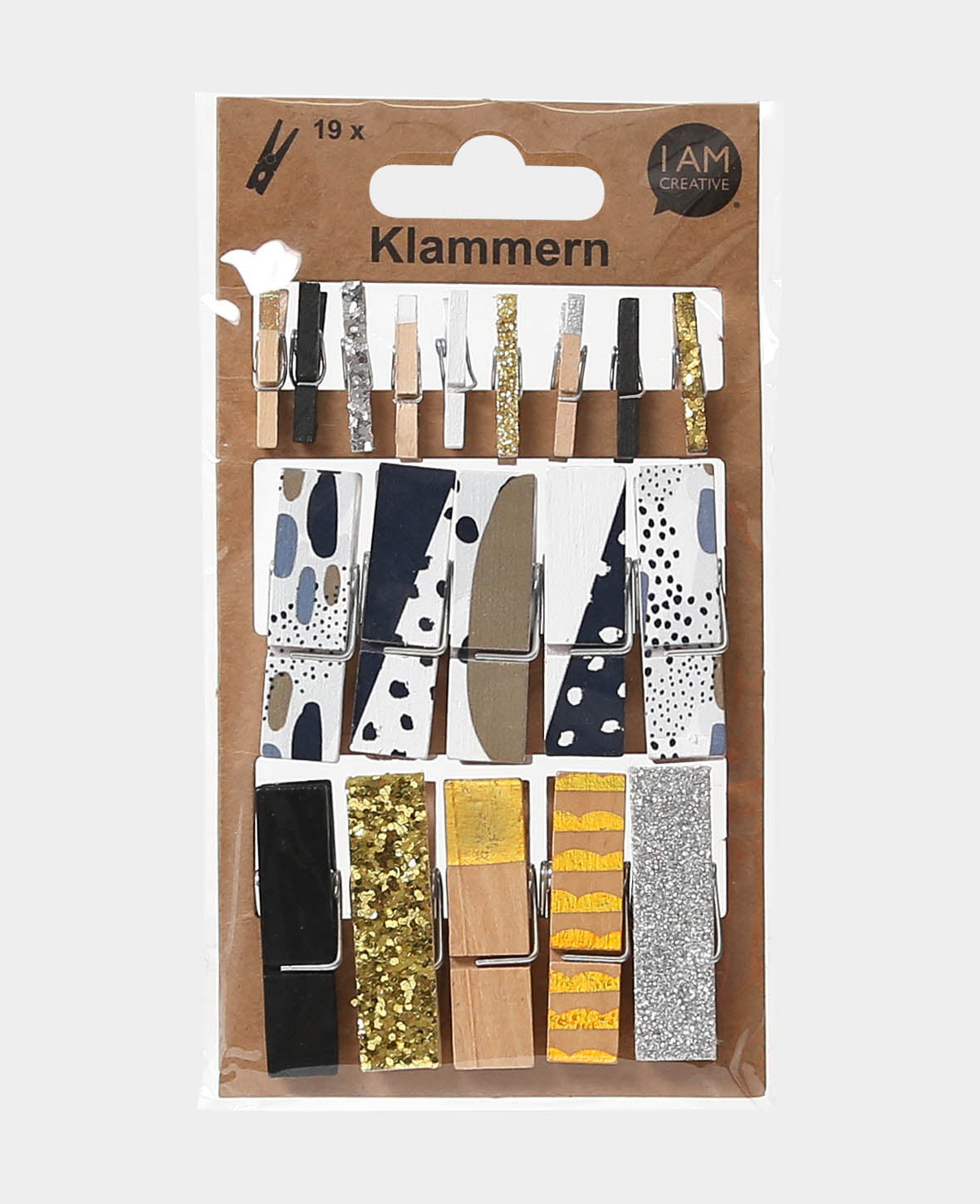 Lot de pinces, pinces en bois or, noir, multicolore, 4 x 30 mm et 11 x 45 m, 19 pièces