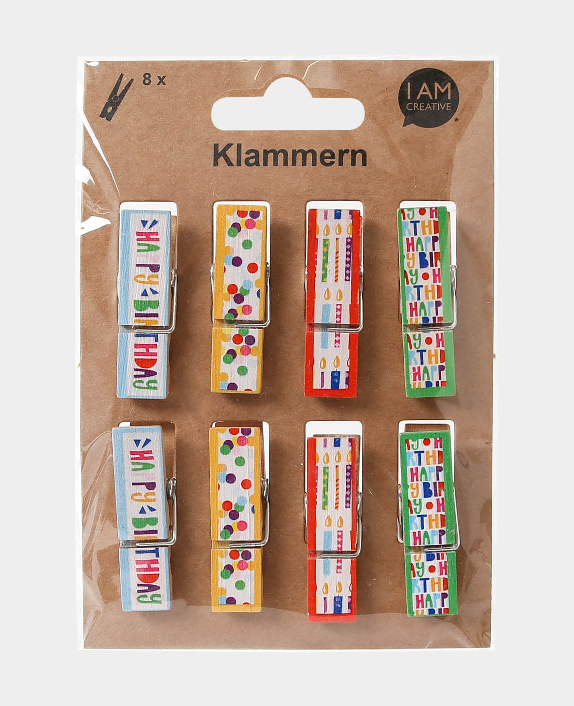 Lot de pinces, pinces en bois aux couleurs vives et inscription Happy Birthday, bois de Schima superba, certifié FSC, multicolore, 12 x 45 mm, 19 p.