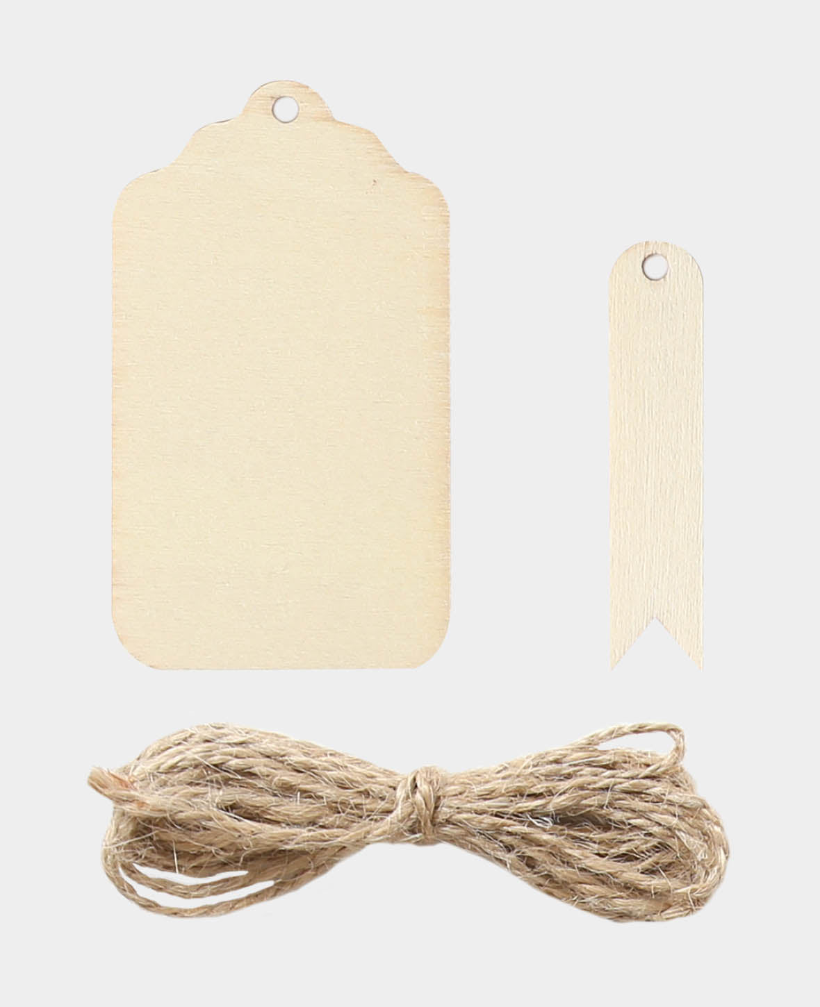 Étiquettes cadeaux en contreplaqué, bois, 44 x 76 mm et 56 x 12 mm, 13 pièces.