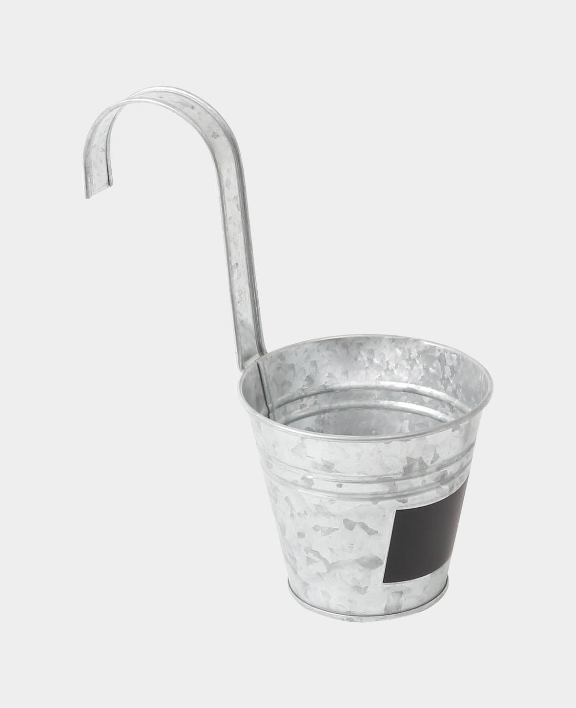Silberner Blumentopf mit Bügelhalter aus Blech mit Tafel, Ø12 x 23 cm