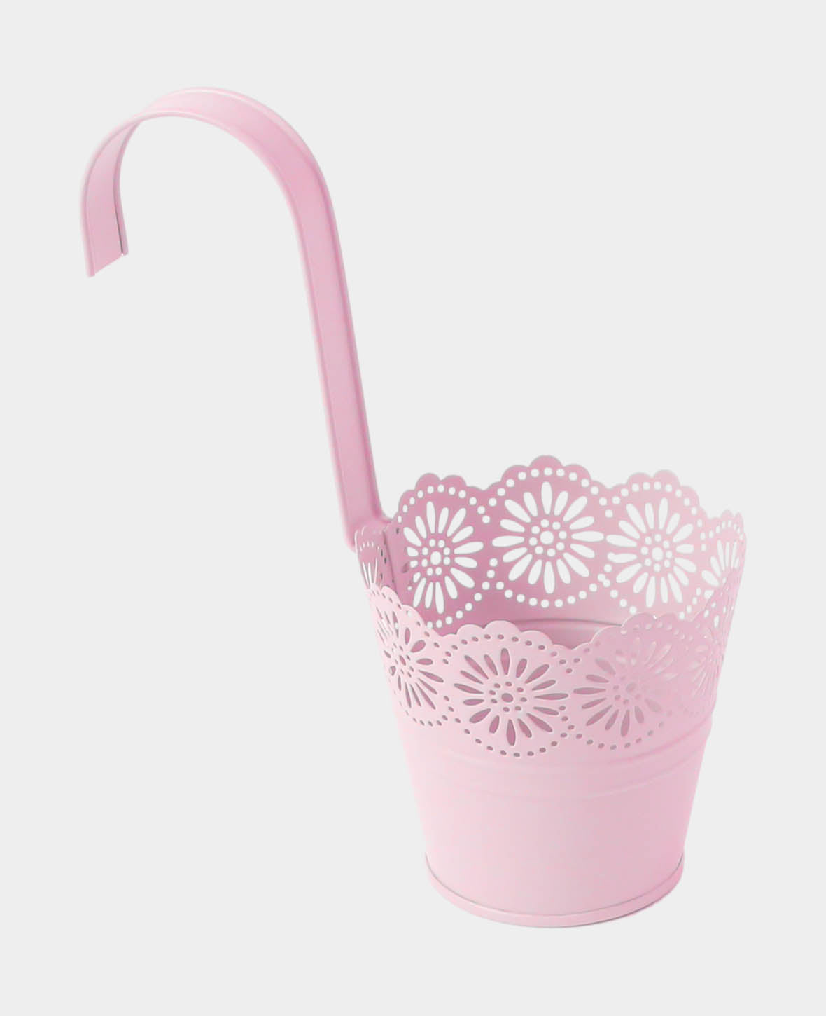 Matt-rosa Blechtopf mit Spitzenverzierung und Haken, D11 x H22 cm