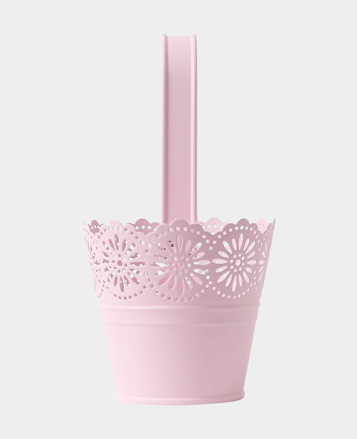 Matt-rosa Blechtopf mit Spitzenverzierung und Haken, D11 x H22 cm