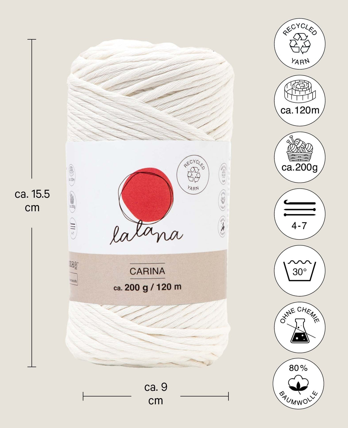 Carina Cream, Lalana Yarn for Crochet, Knitting, Weaving & Macrame Projects, Cream, 3 mm x approx. 120 m, approx. 200 g