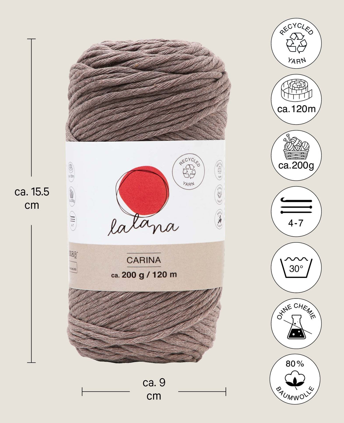 Carina Coffee, Lalana Yarn for Crochet, Knitting, Weaving & Macrame Projects, Brown, 3 mm x approx. 120 m, approx. 200 g