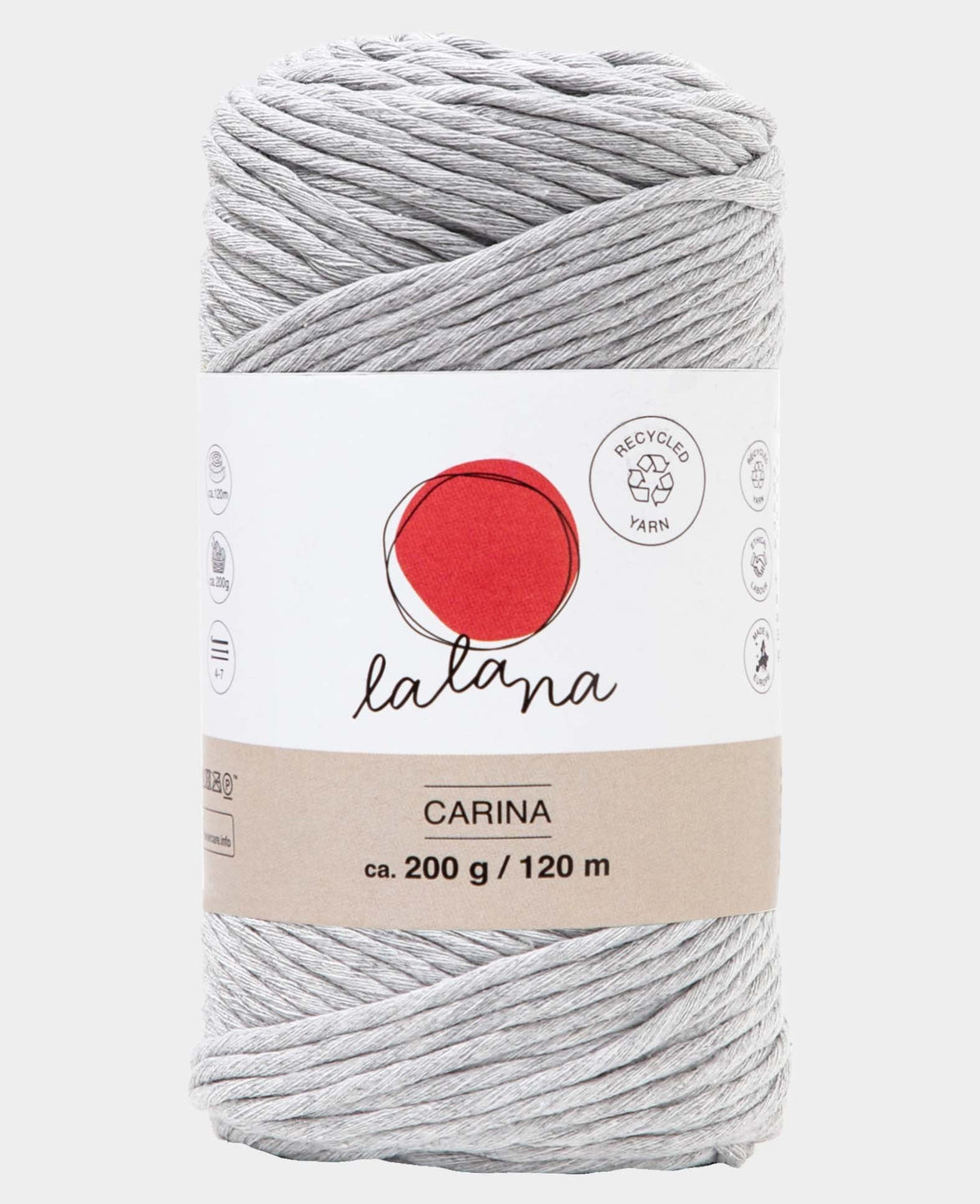 Carina light grey, Lalana Garn für Häkeln, Stricken, Weben & Makramee Projekte, Hellgrau, 3 mm x ca. 120 m, ca. 200 g