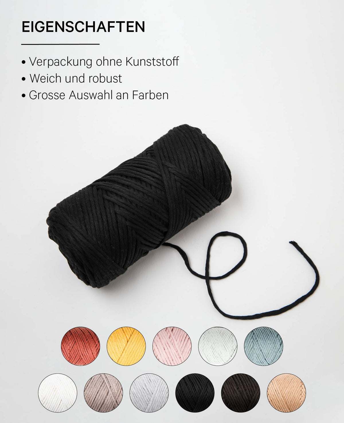 Carina noire, fil Lalana pour projets de crochet, tricot, tissage et macramé, noir, 3 mm x environ 120 m, environ 200 g