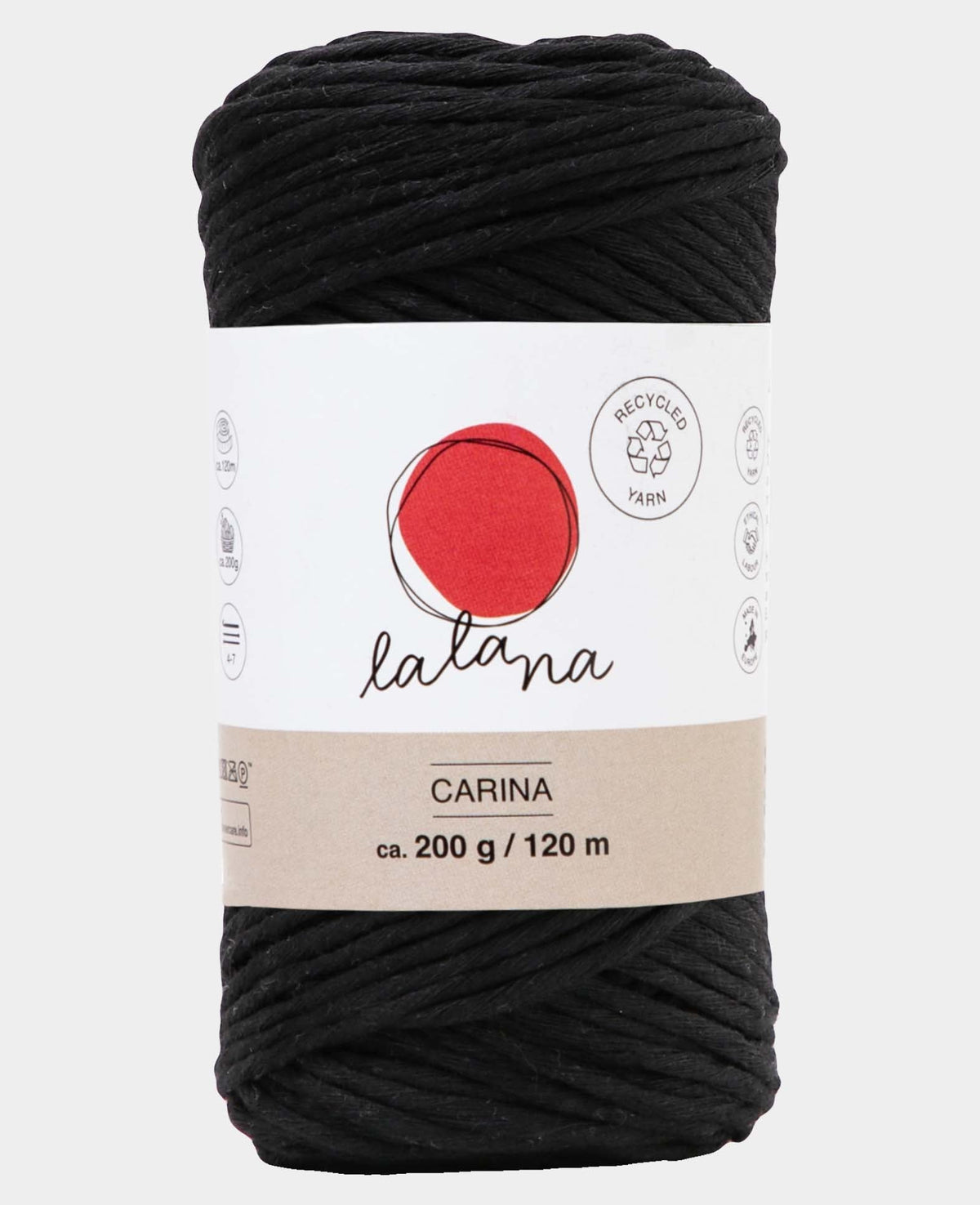 Carina black, Lalana Garn für Häkeln, Stricken, Weben & Makramee Projekte, Schwarz, 3 mm x ca. 120 m, ca. 200 g