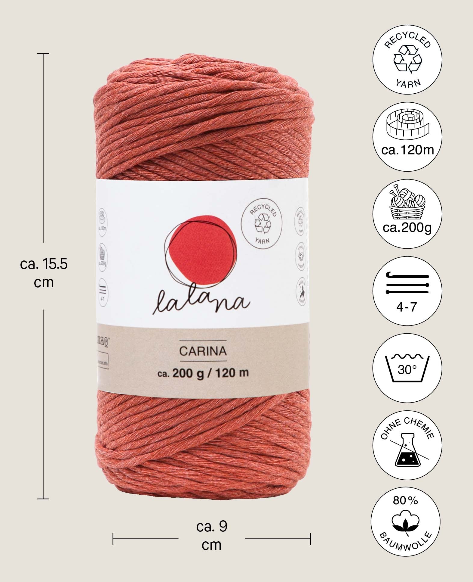 Carina rusty, Lalana Garn for Crochet, Knitting, Weaving & Macrame Projects, Rust Red, 3 mm x approx. 120 m, approx. 200 g
