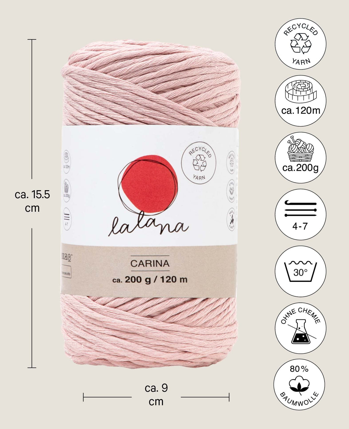 Carina powder, Lalana Yarn for Crochet, Knitting, Weaving & Macrame Projects, Pink, 3 mm x approx. 120 m, approx. 200 g