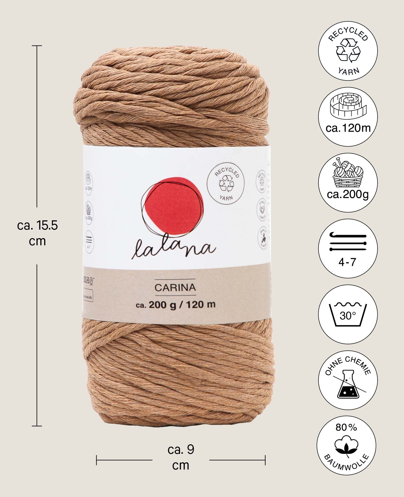 Carina camel, Lalana Garn für Häkeln, Stricken, Weben & Makramee Projekte, Hellbraun, 3 mm x ca. 120 m, ca. 200 g