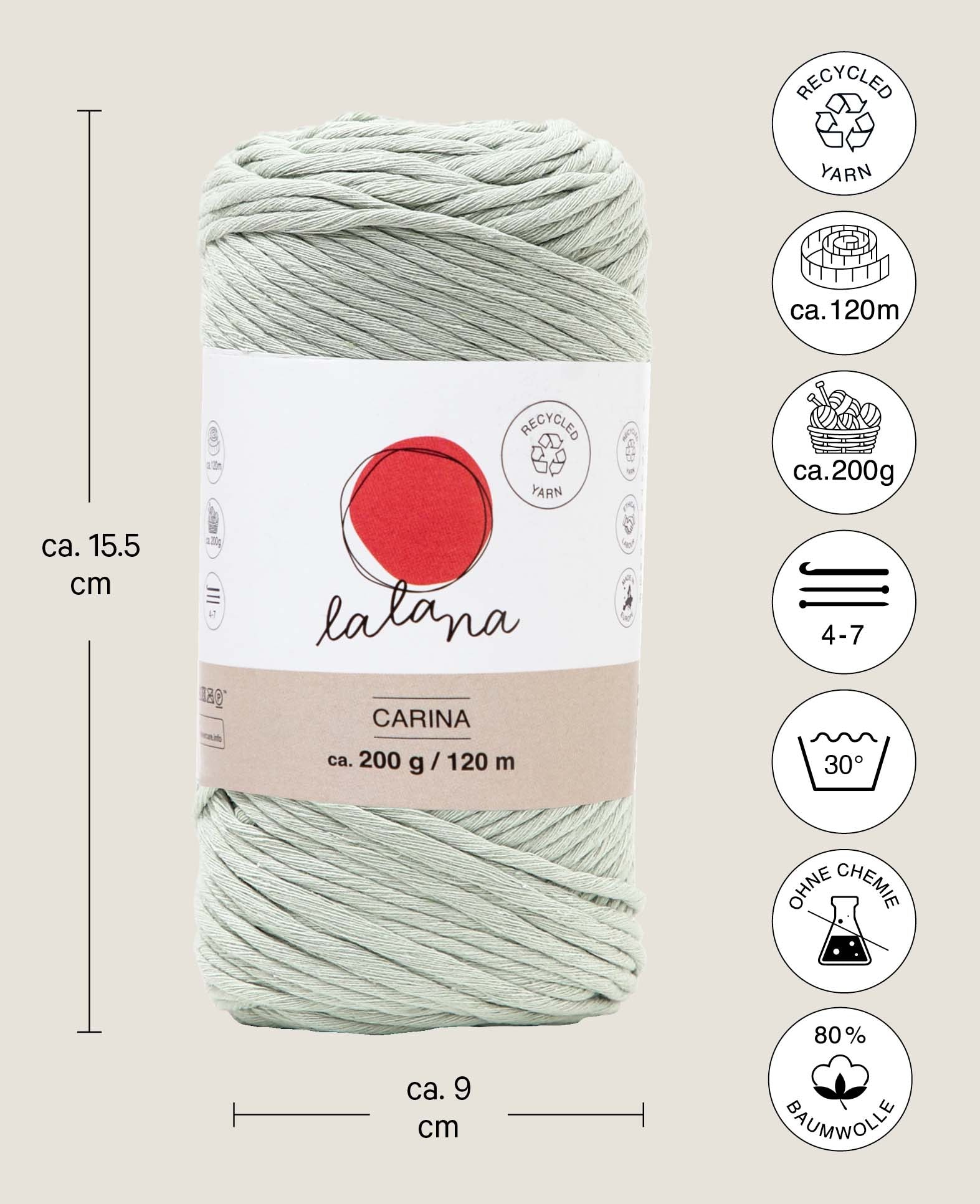 Carina little green, fil Lalana pour projets de crochet, tricot, tissage et macramé, gris-vert, 3 mm x env. 120 m, env. 200 g
