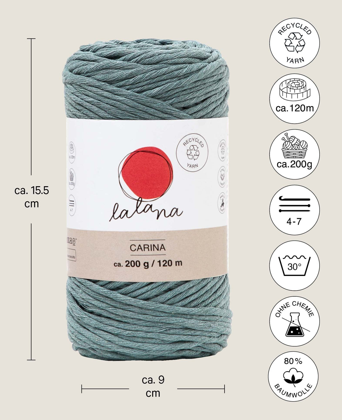 Carina salvia, Lalana Garn für Häkeln, Stricken, Weben & Makramee Projekte, Graublau, 3 mm x ca. 120 m, ca. 200 g