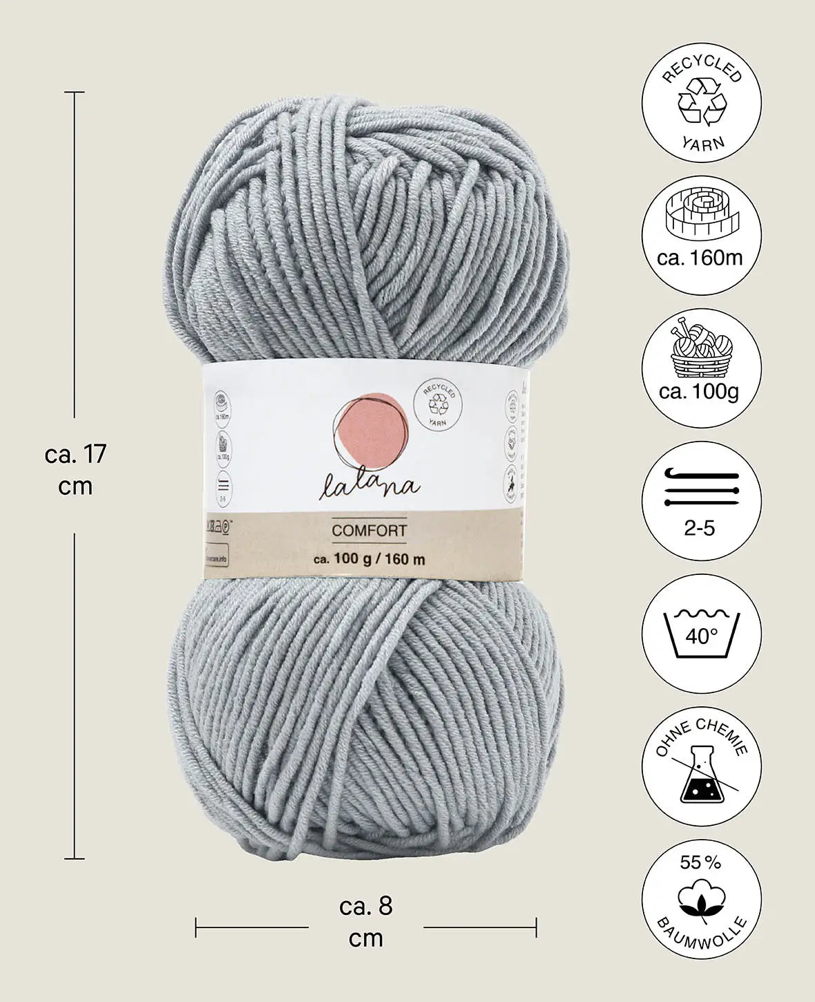Comfort gris clair, Lalana Grau, 3 mm x environ 160 m, environ 100 g