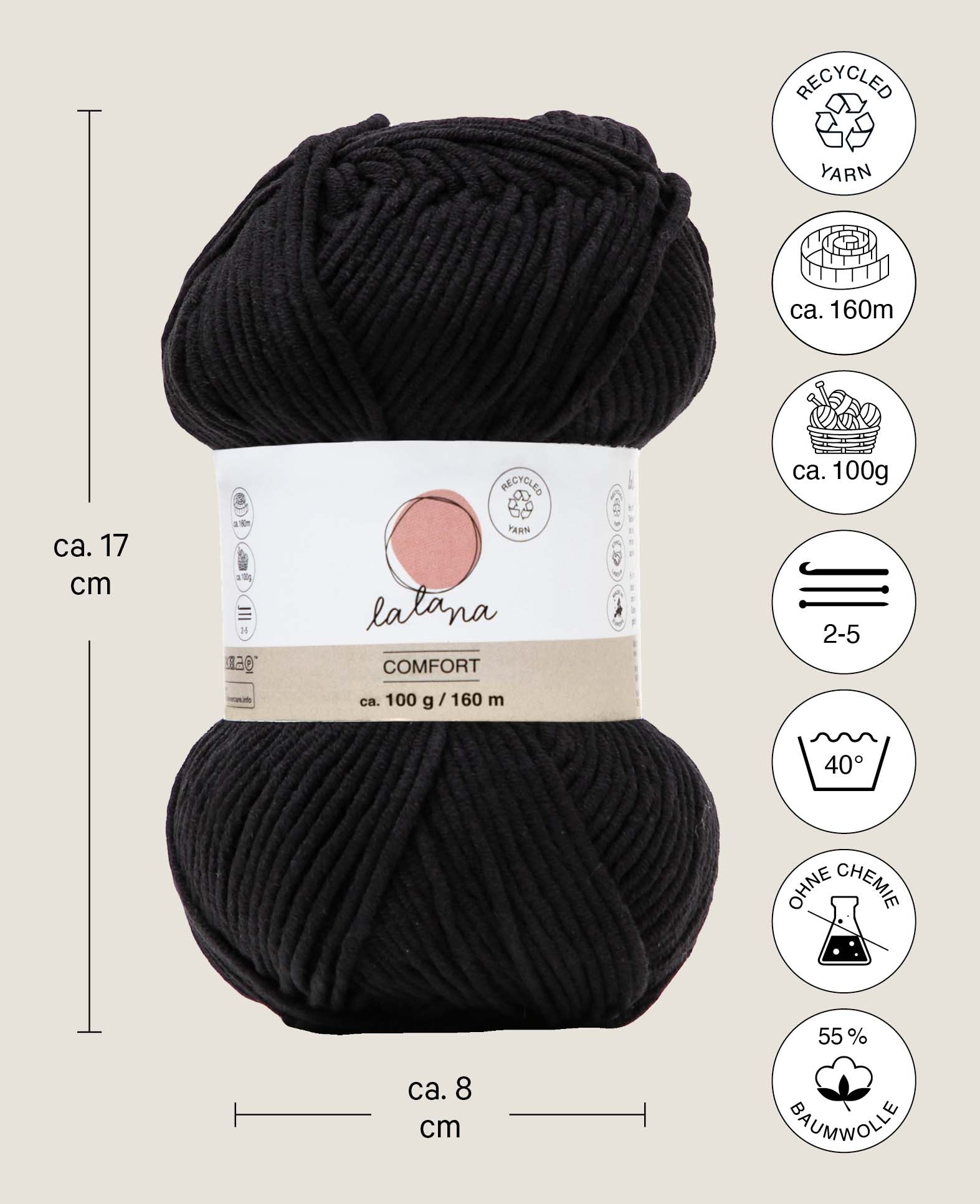 Comfort black, Lalana black, 3 mm x approx. 160 m, approx. 100 g