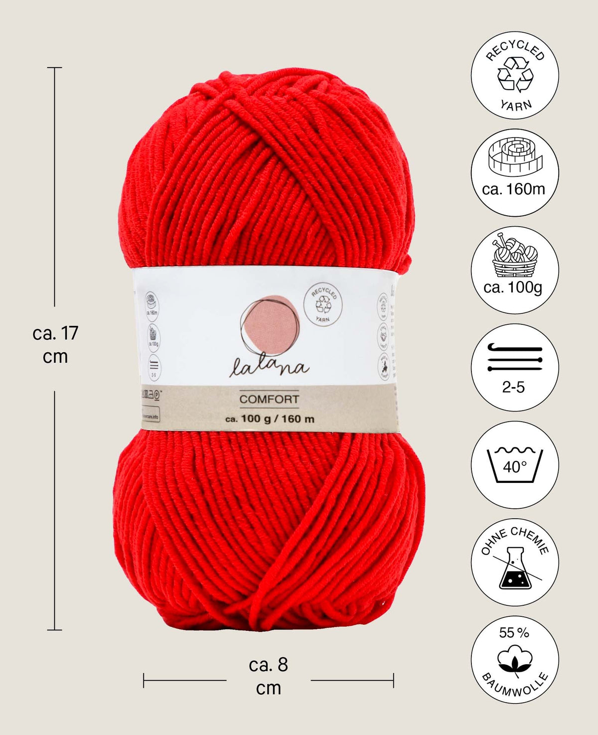 Comfort red, Lalana Rot, 3 mm x ca. 160 m, ca. 100 g