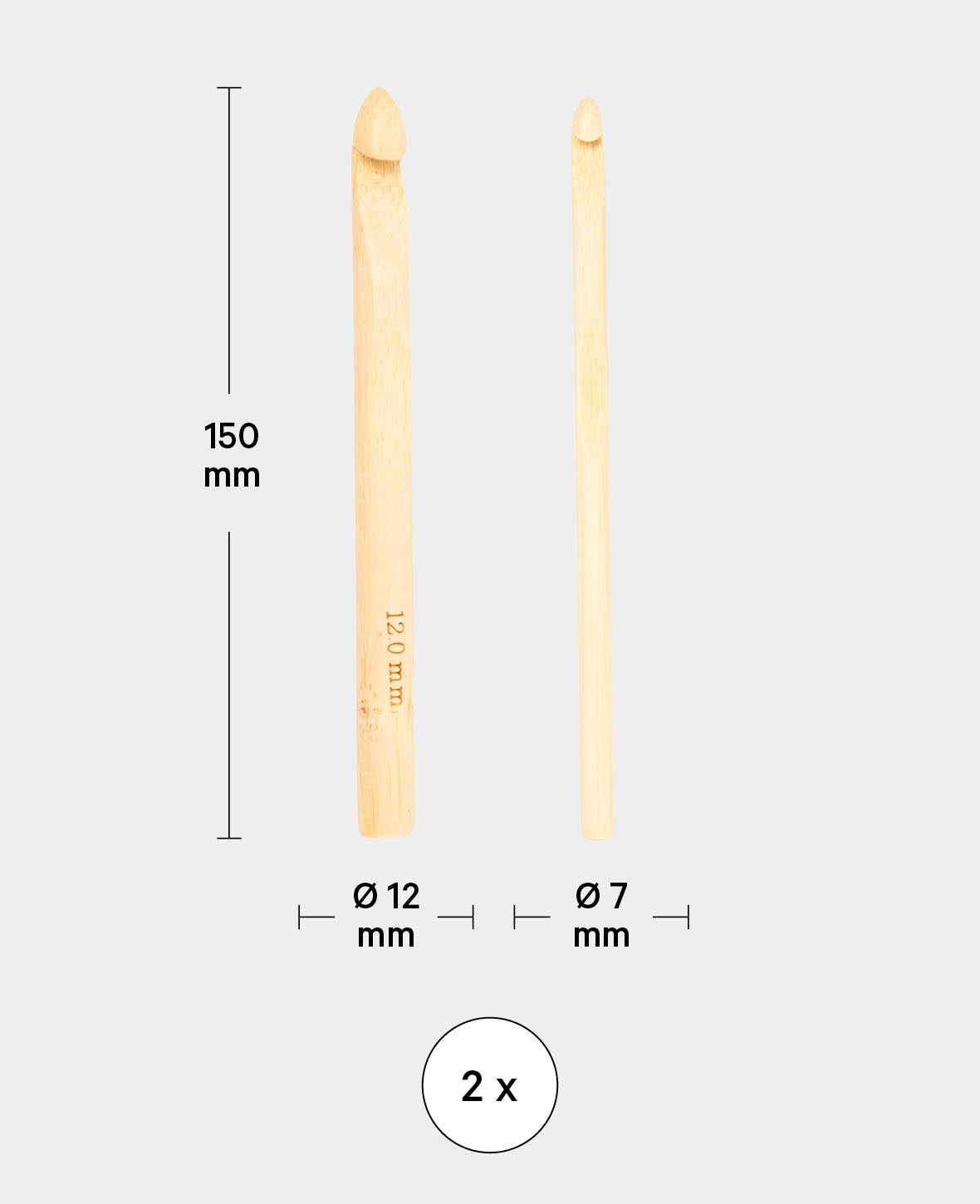 Häkelnadel Set, Bambus-Häkelnadeln für Anfänger und Experten, Natur, ø 7 / ø 12 x 150 mm, 2 Stk.