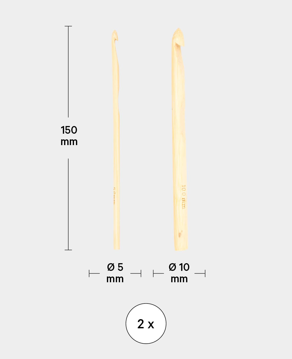 Häkelnadel Set, Bambus-Häkelnadeln für Anfänger und Experten, Natur, ø 5 / ø 10 x 150 mm, 2 Stk.