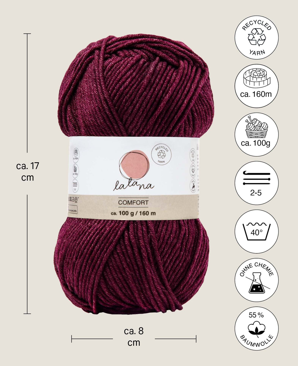 Comfort burgundy, Dunkelrot, 3 mm x ca. 160 m, ca. 100 g