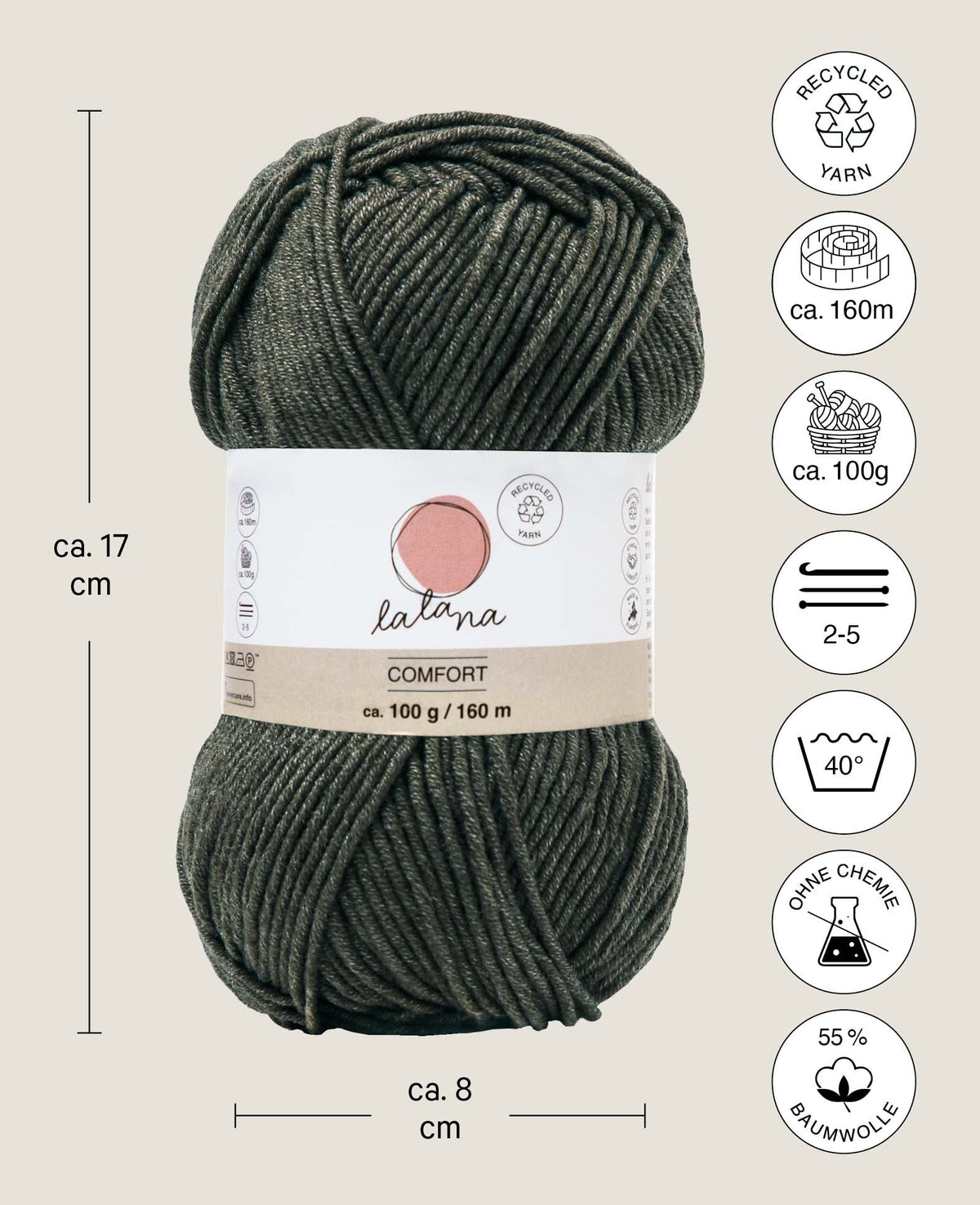 Comfort khaki, Graugrün, 3 mm x ca. 160 m, ca. 100 g