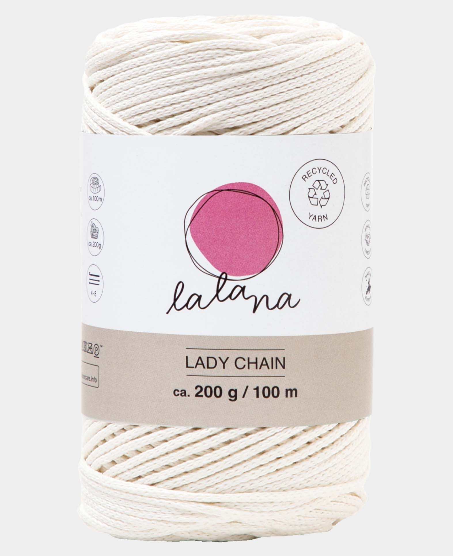 Lady Chain Cream, Lalana Chain Yarn for Crocheting, Knitting, Knotting & Macrame Projects, Cream Color, approx. 2 mm x 100 m, approx. 200 g