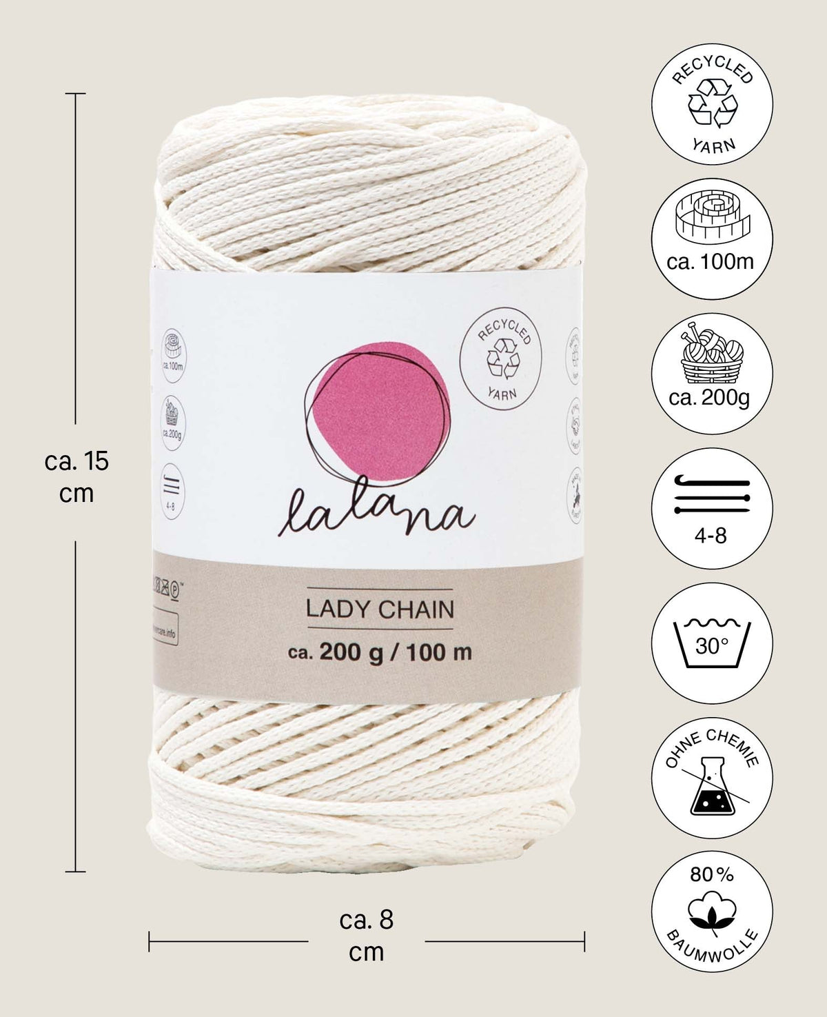 Lady Chain Cream, Lalana Chain Yarn for Crocheting, Knitting, Knotting & Macrame Projects, Cream Color, approx. 2 mm x 100 m, approx. 200 g
