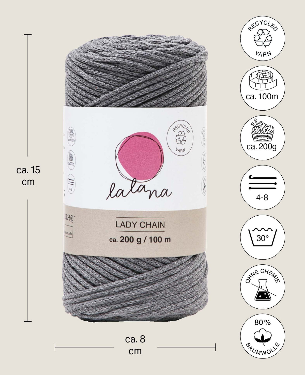 Lady Chain gris foncé, fil à chaînette Lalana pour le crochet, le tricot, le nouage et les projets de macramé, gris foncé, environ 2 mm x 100 m, environ 200 g