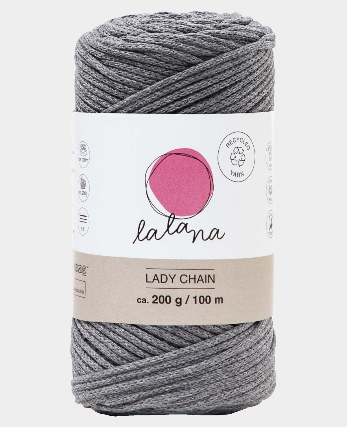 Lady Chain gris foncé, fil à chaînette Lalana pour le crochet, le tricot, le nouage et les projets de macramé, gris foncé, environ 2 mm x 100 m, environ 200 g