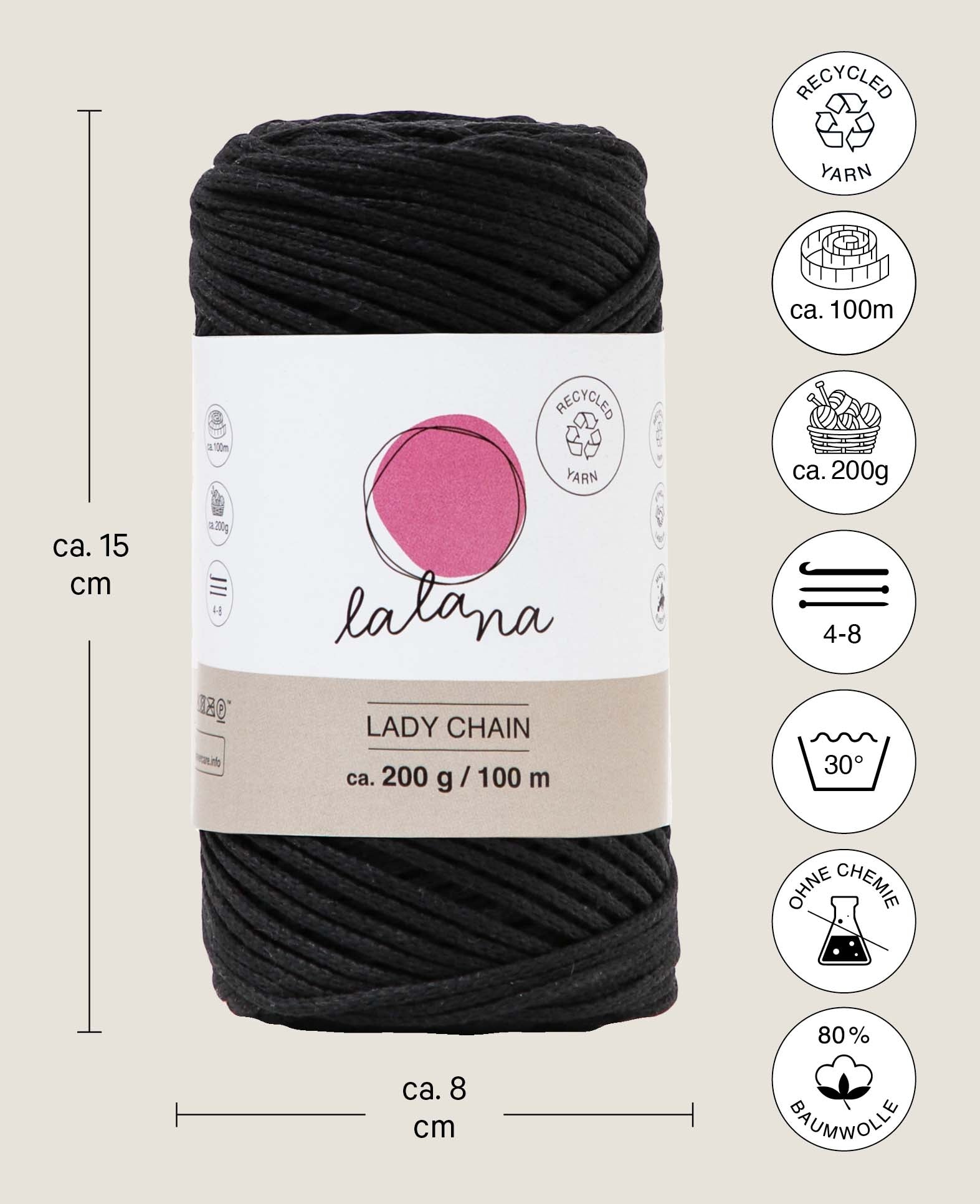 Lady Chain black, Lalana Kettengarn zum Häkeln, Stricken, Knüpfen & Makramee Projekte, Schwarz, ca. 2 mm x 100 m, ca. 200 g