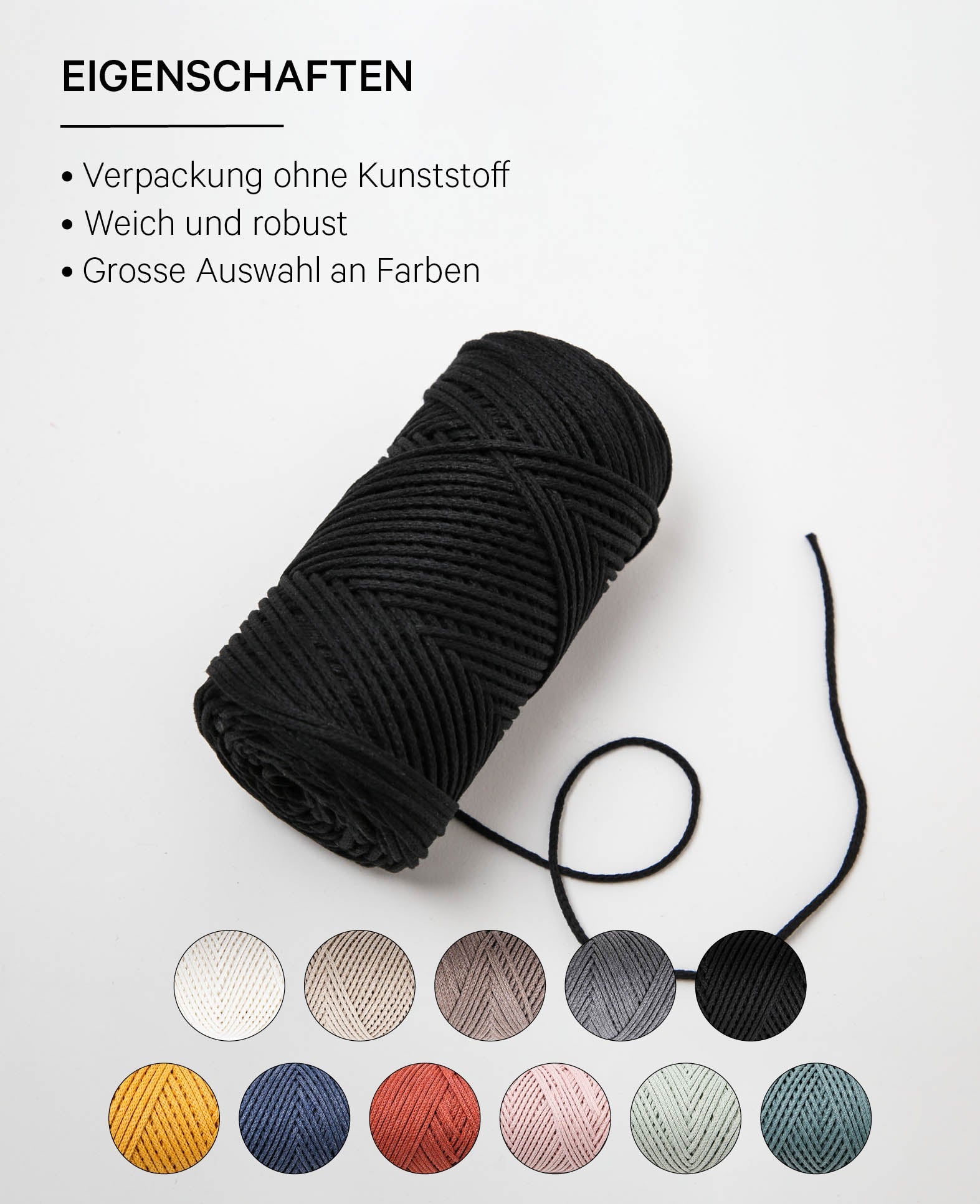 Lady Chain black, Lalana Kettengarn zum Häkeln, Stricken, Knüpfen & Makramee Projekte, Schwarz, ca. 2 mm x 100 m, ca. 200 g