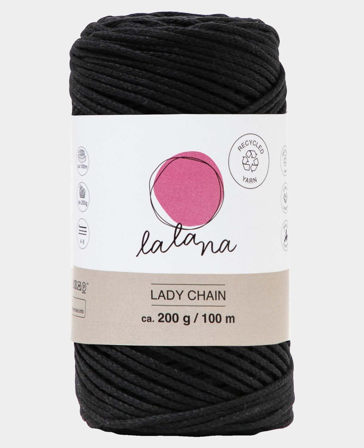 Lady Chain black, Lalana Kettengarn zum Häkeln, Stricken, Knüpfen & Makramee Projekte, Schwarz, ca. 2 mm x 100 m, ca. 200 g