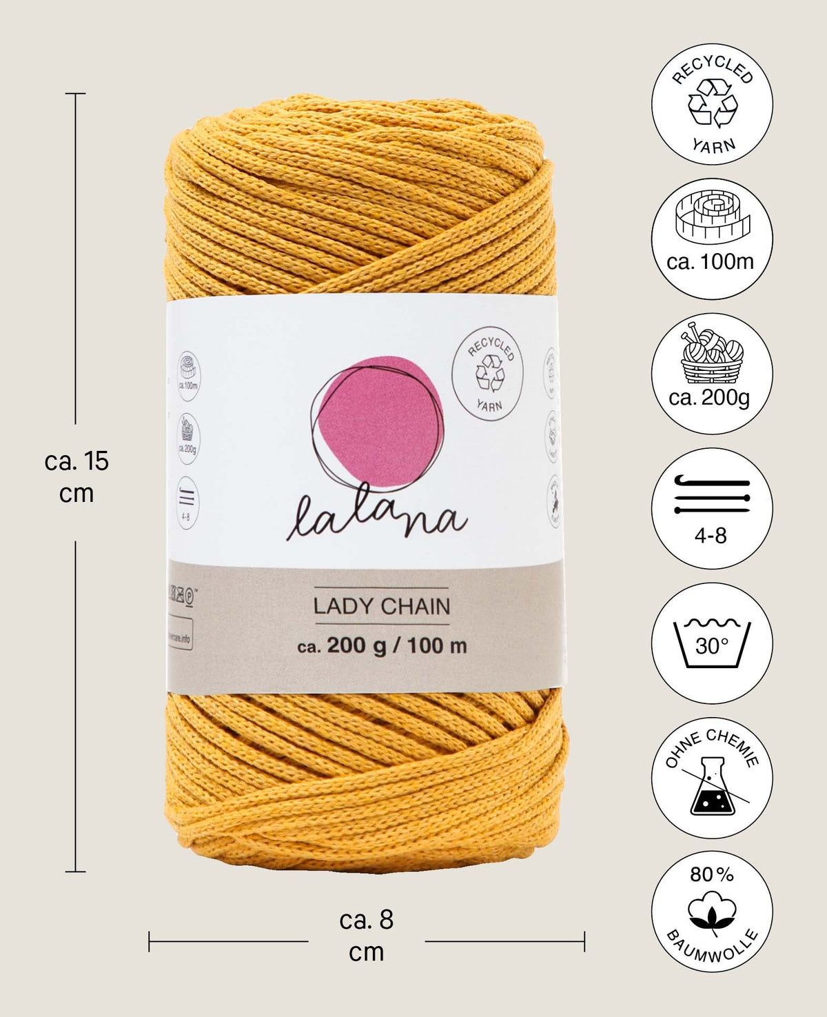 Lady Chain mustard, Lalana Kettengarn zum Häkeln, Stricken, Knüpfen & Makramee Projekte, Senfgelb, ca. 2 mm x 100 m, ca. 200 g