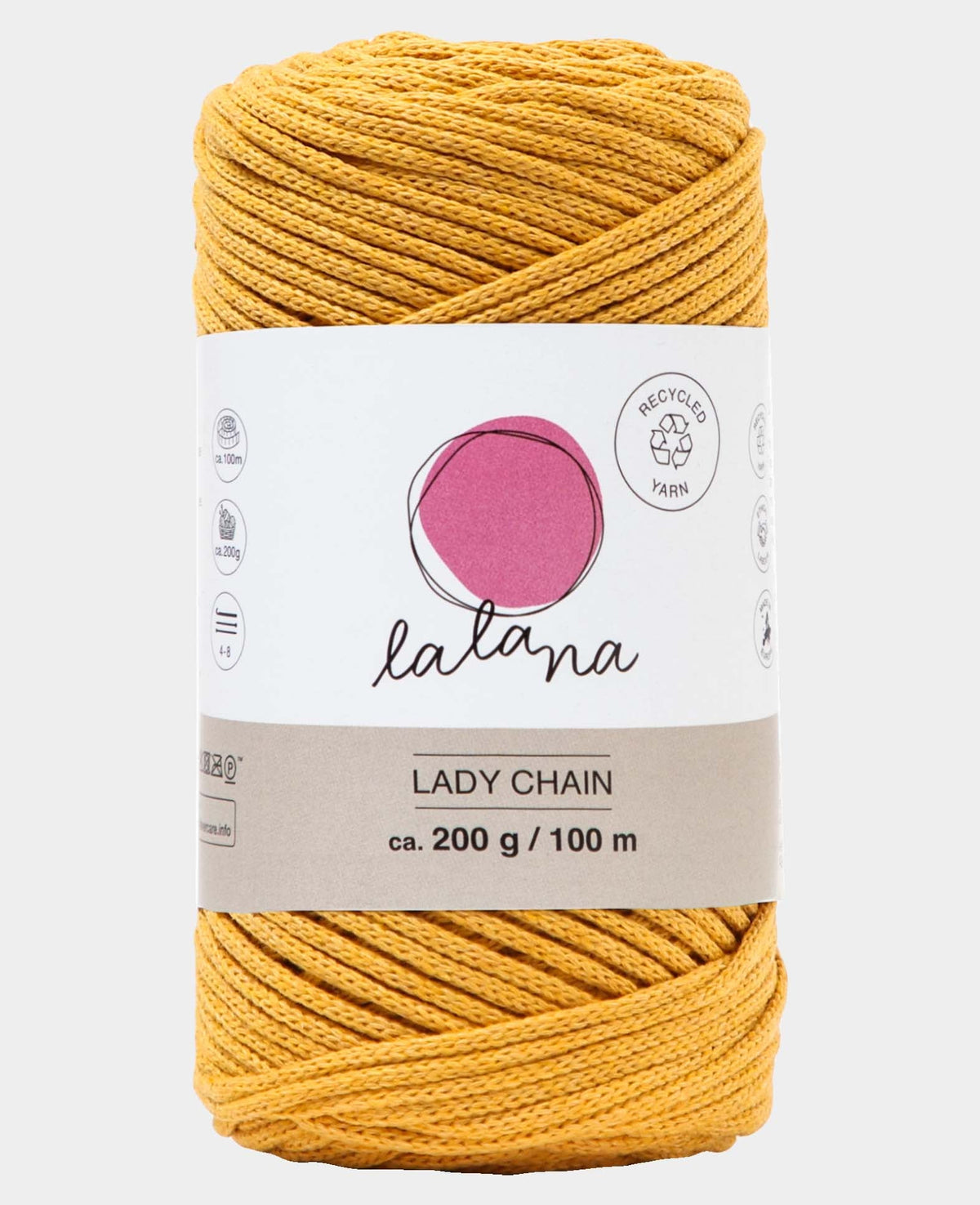 Lady Chain mustard, Lalana Kettengarn zum Häkeln, Stricken, Knüpfen & Makramee Projekte, Senfgelb, ca. 2 mm x 100 m, ca. 200 g