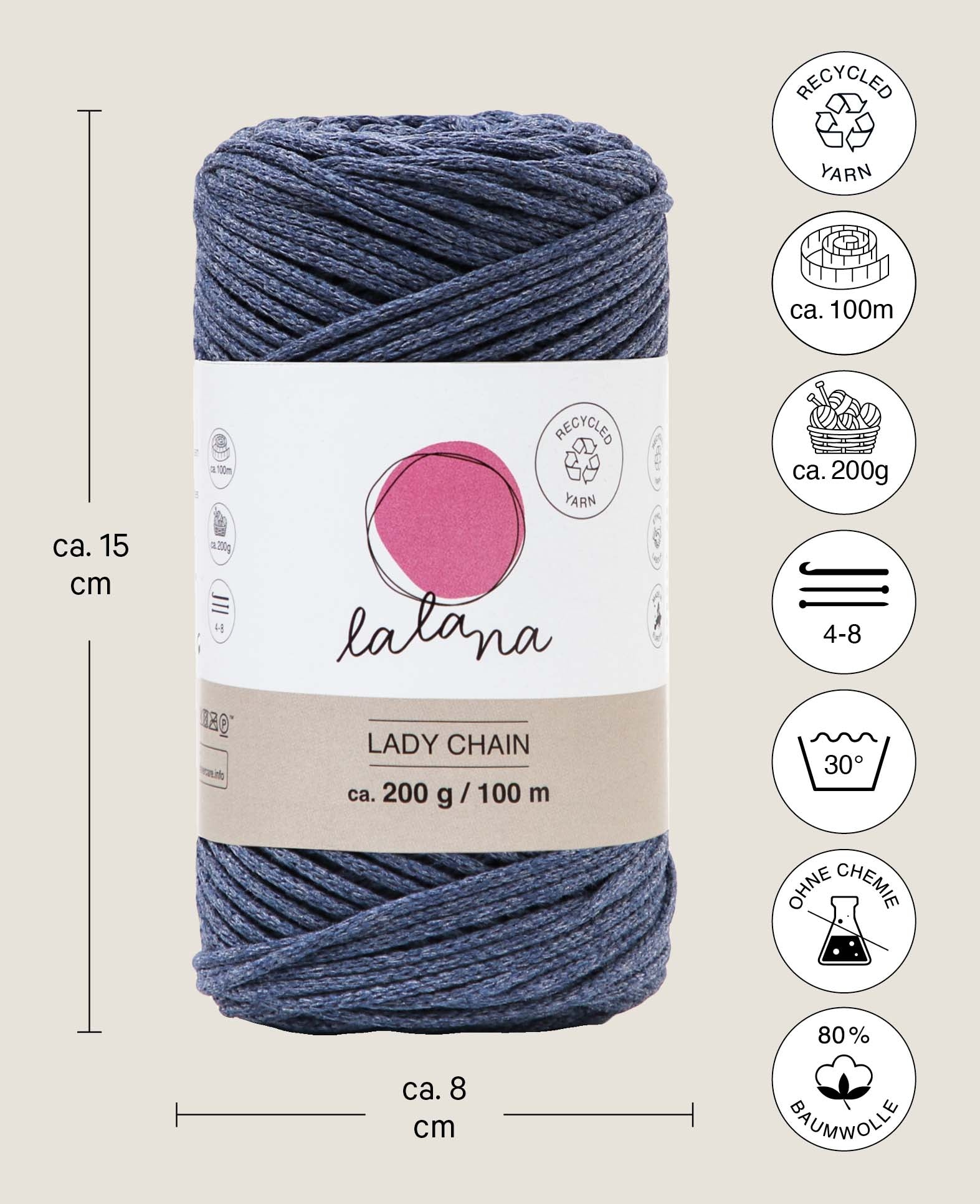 Lady Chain jeans, Lalana chain yarn for crocheting, knitting, knotting & macrame projects, blue-grey, approx. 2 mm x 100 m, approx. 200 g