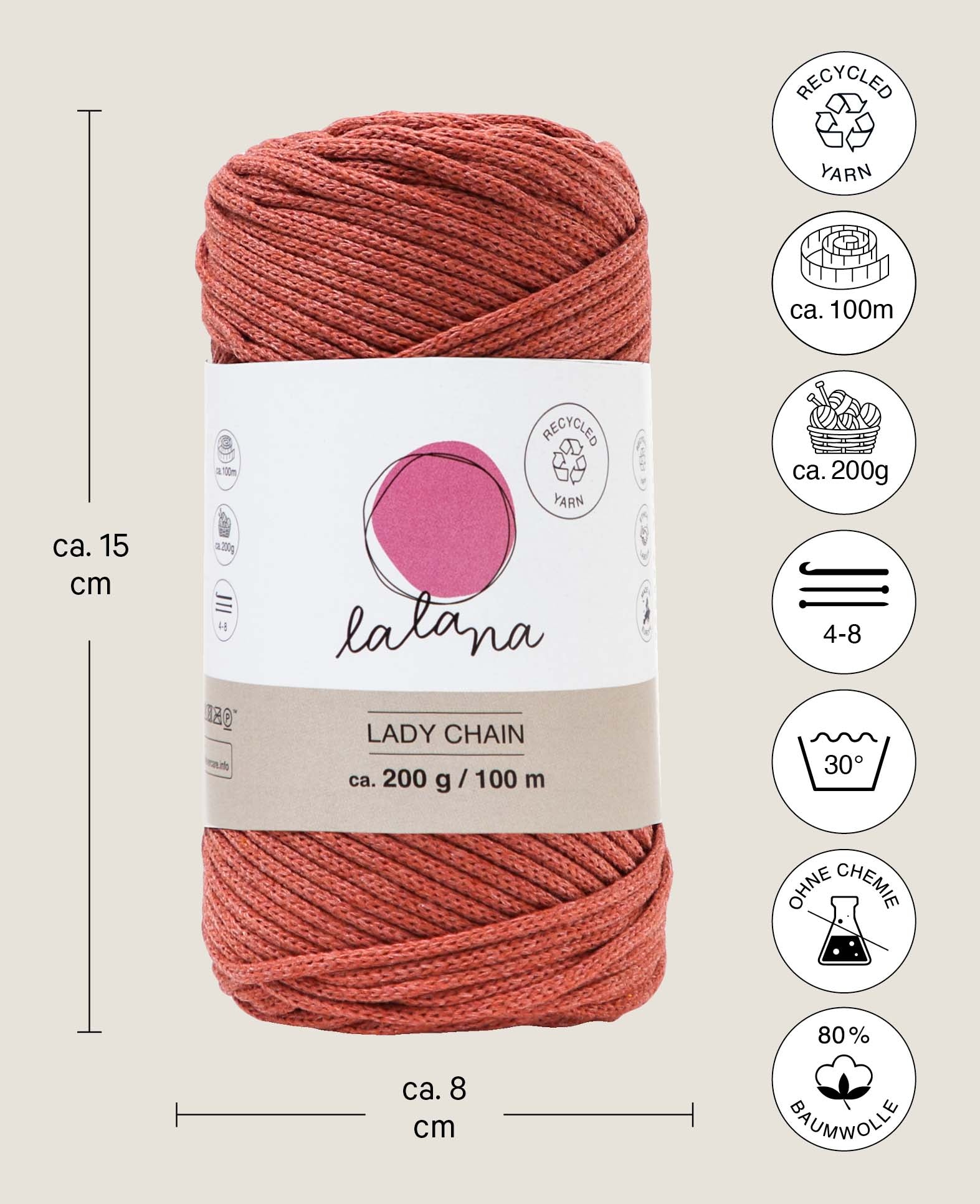 Lady Chain rouille, fil chaîne pour crochet, tricot, nouage et projets macramé, rouge rouille, env. 2 mm x 100 m, env. 200 g