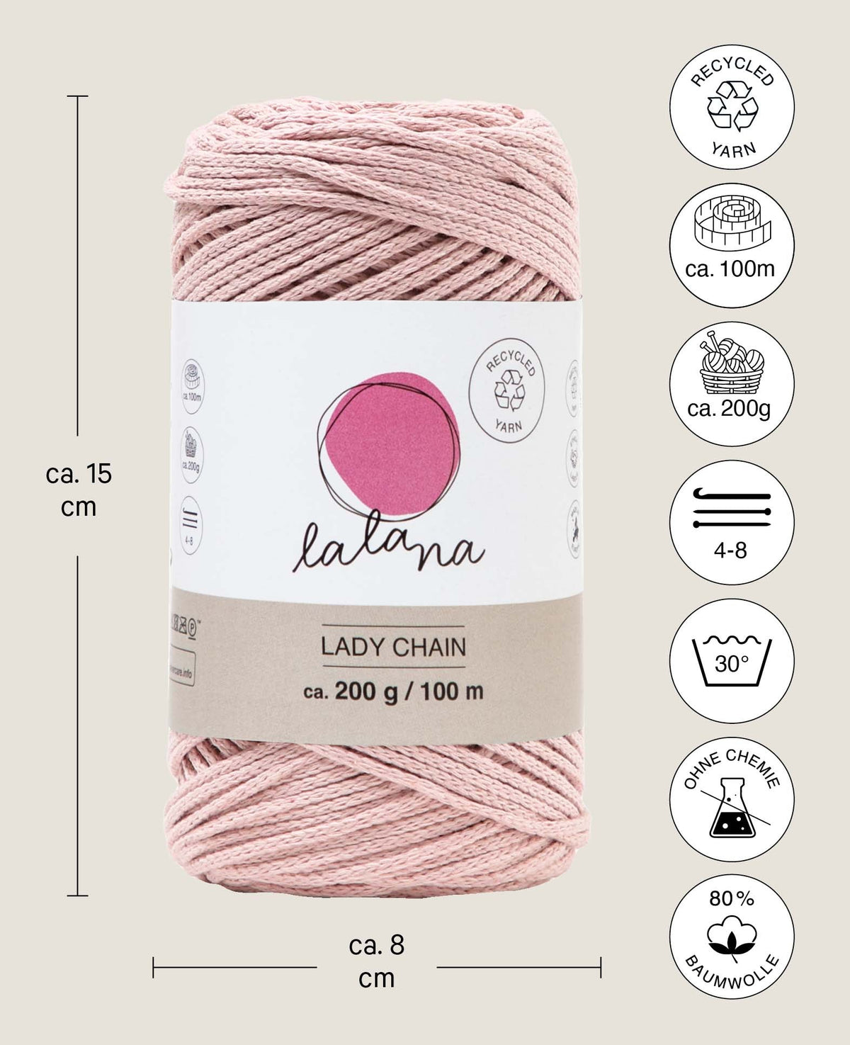 Fil Lady Chain powder, Lalana pour crochet, tricot, nouage et projets de macramé, Rose, env. 2 mm x 100 m, env. 200 g