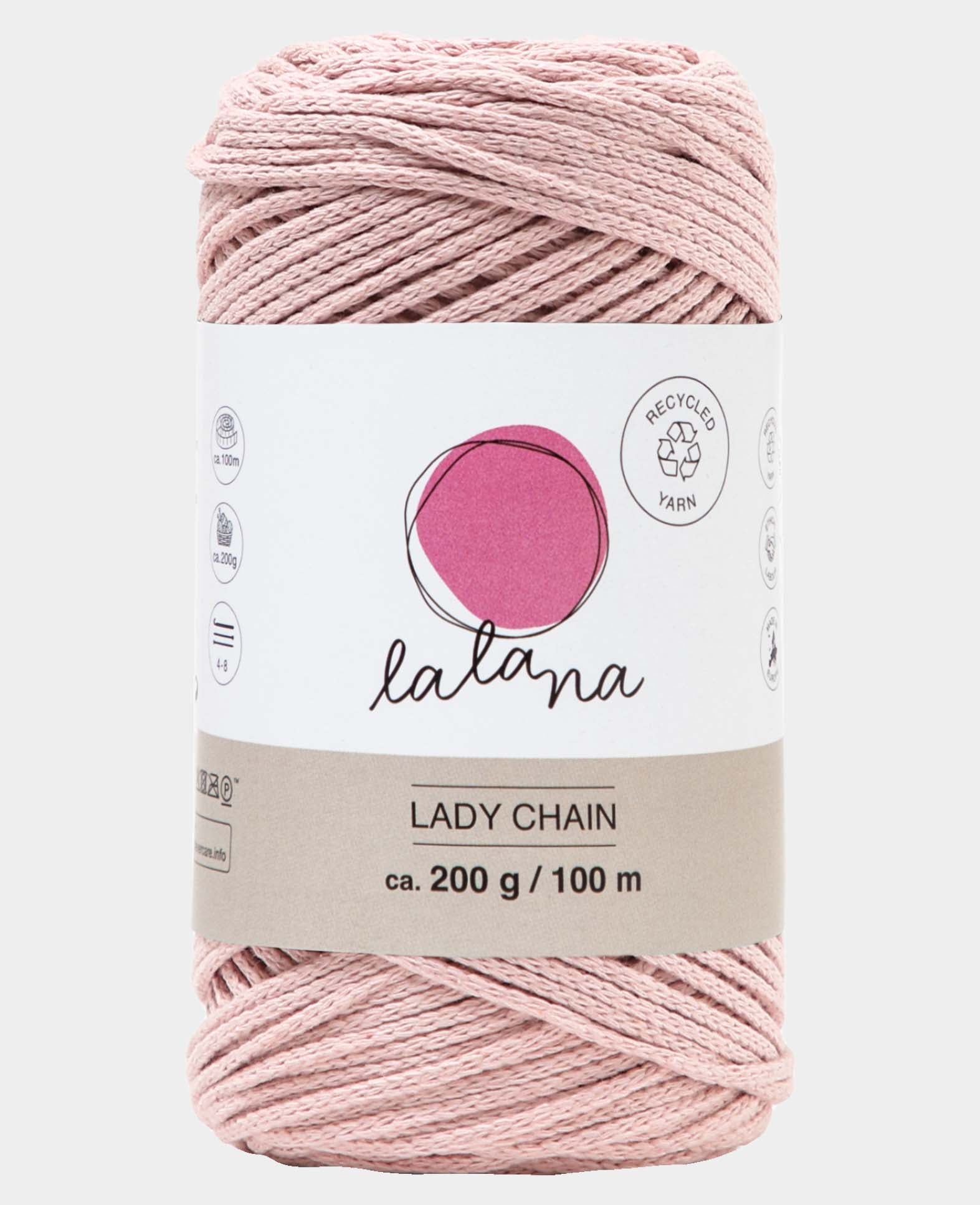 Fil Lady Chain powder, Lalana pour crochet, tricot, nouage et projets de macramé, Rose, env. 2 mm x 100 m, env. 200 g