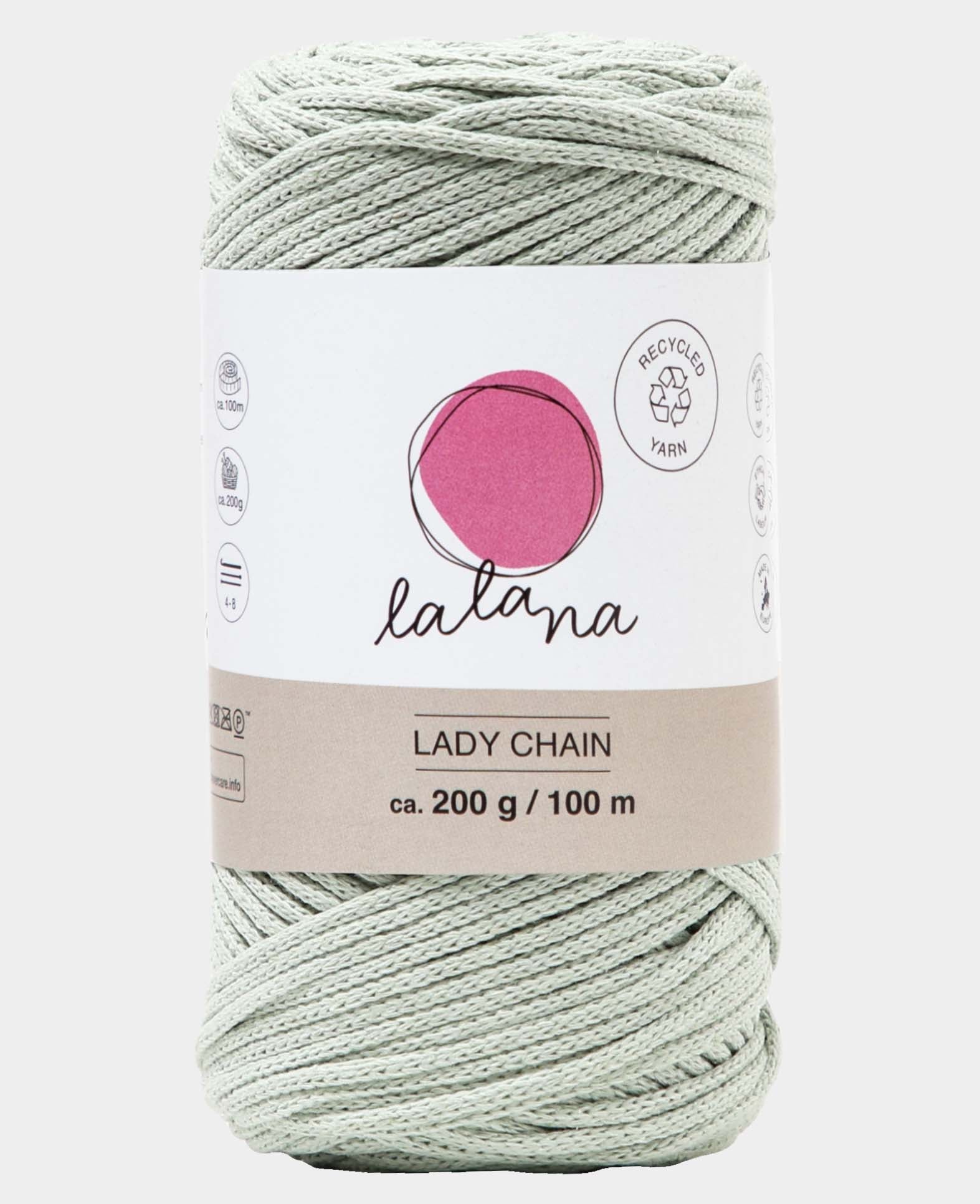 Lady Chain little green, Lalana chain yarn for crocheting, knitting, knotting & macrame projects, Grey-green, approx. 2 mm x 100 m, approx. 200 g