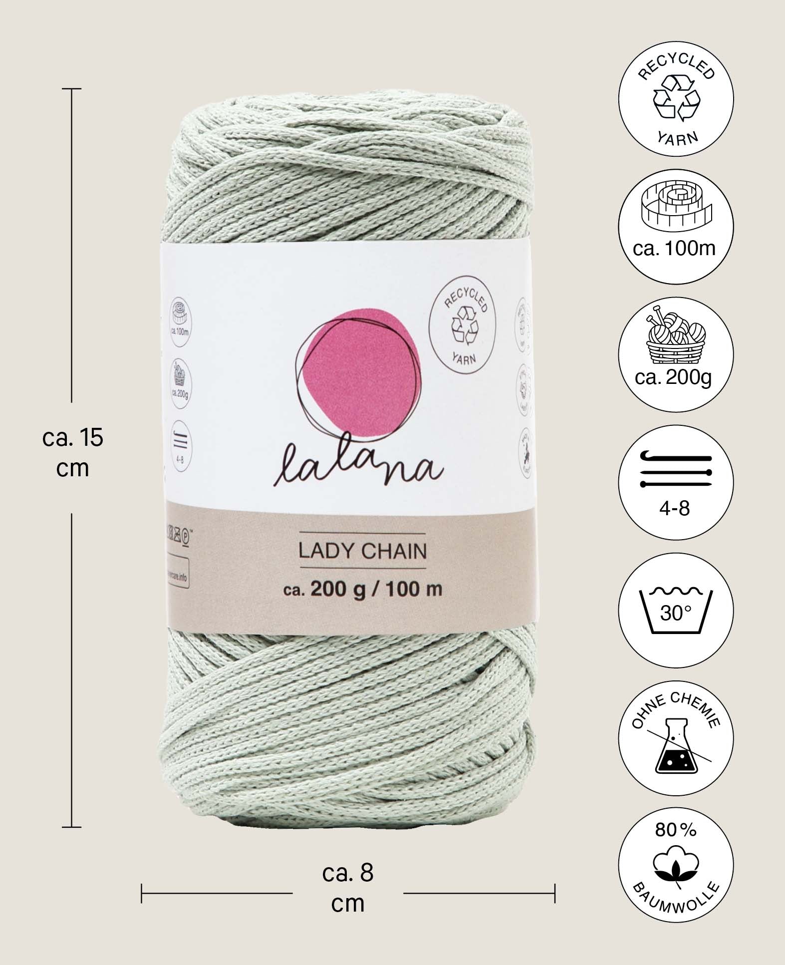 Lady Chain little green, Lalana chain yarn for crocheting, knitting, knotting & macrame projects, Grey-green, approx. 2 mm x 100 m, approx. 200 g