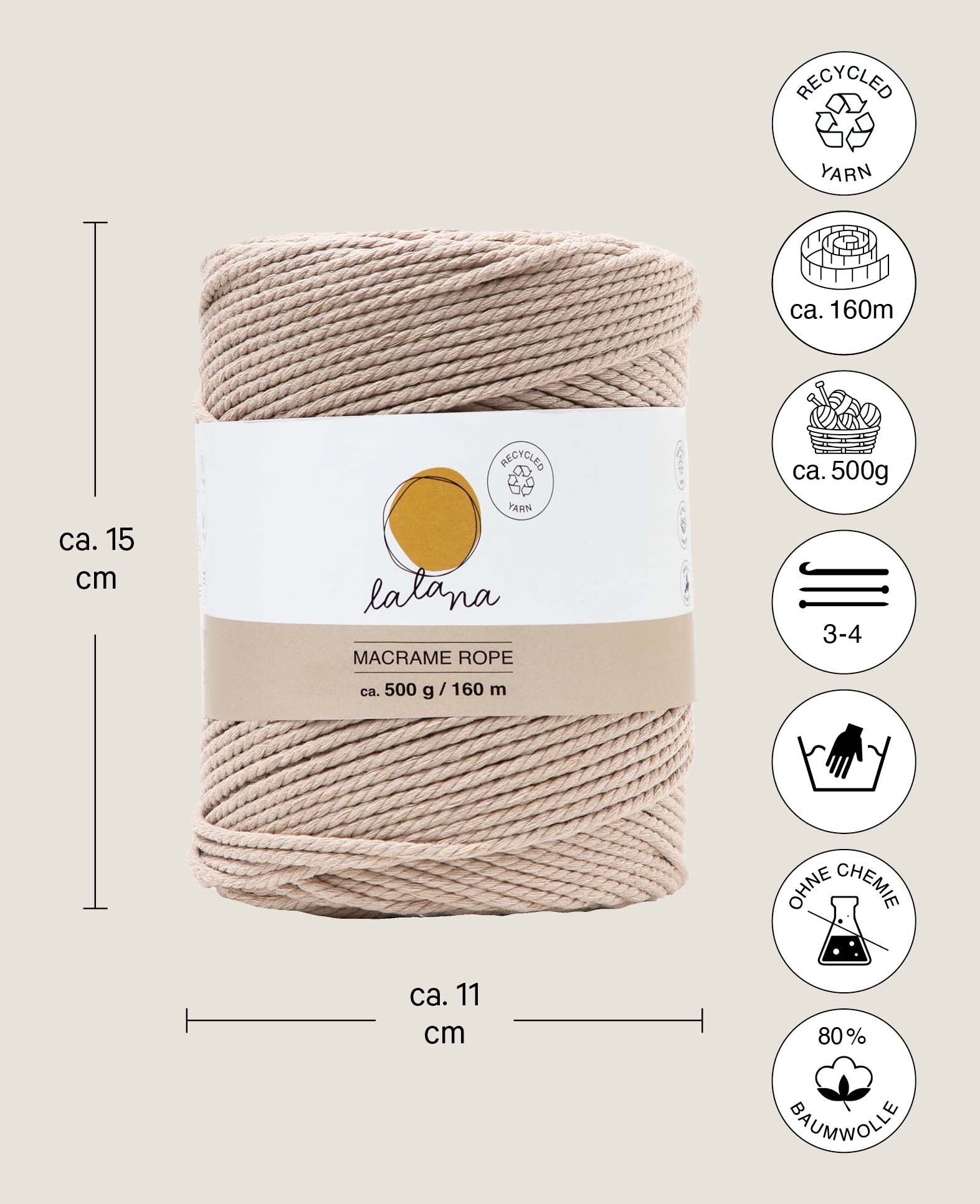 Macrame Rope beige, Lalana Knotting Yarn for Macrame Projects, Beige, 2 mm x approx. 160 m, approx. 500 g