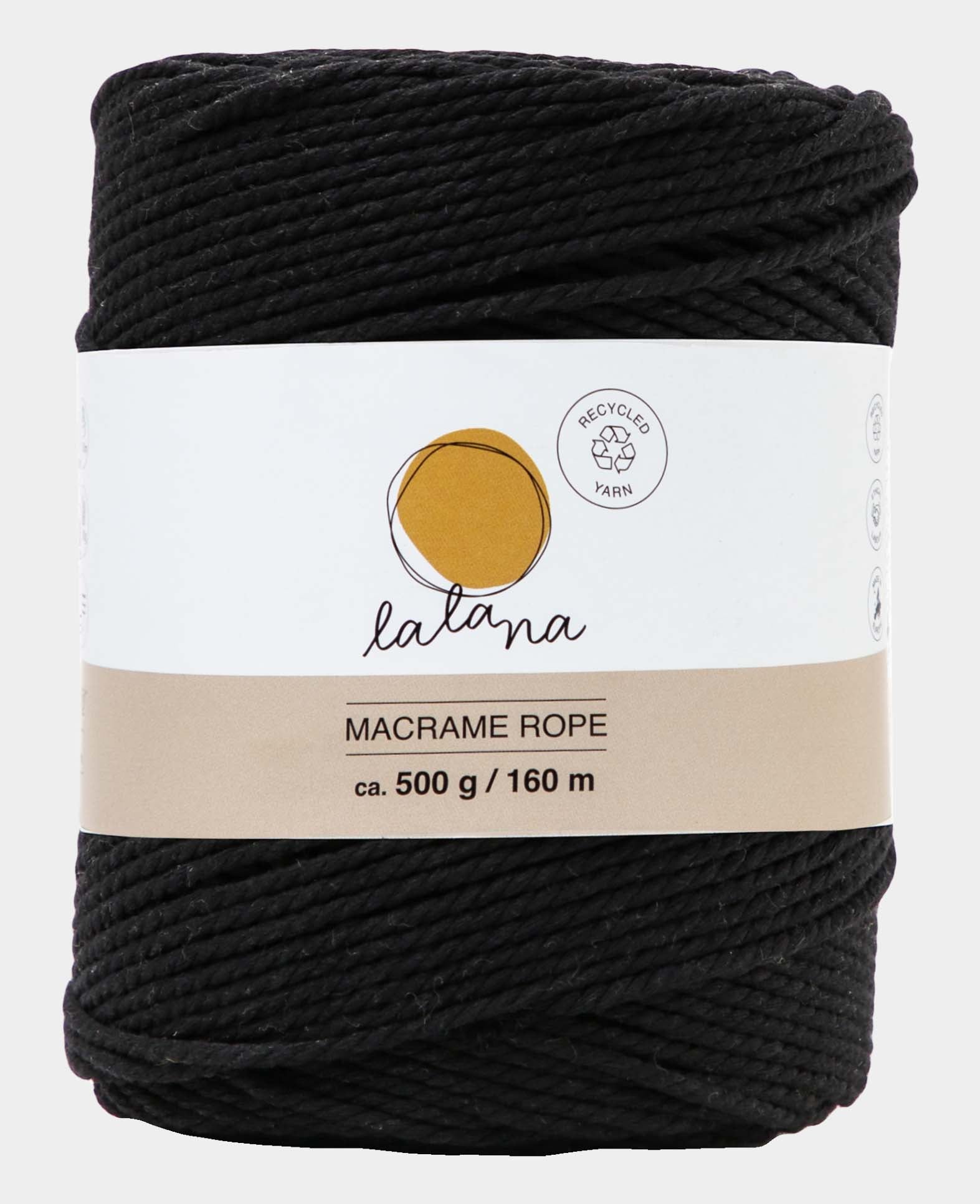 Macrame Rope black, Lalana Knüpfgarn für Makramee Projekte, Schwarz, 2 mm x ca. 160 m, ca. 500 g