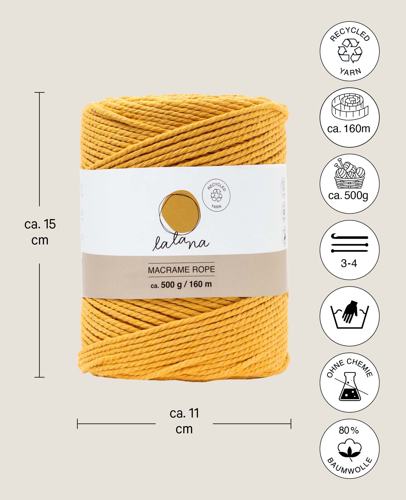 Corde macramé moutarde, fil à nouer Lalana pour projets macramé, jaune moutarde, 2 mm x env. 160 m, env. 500 g