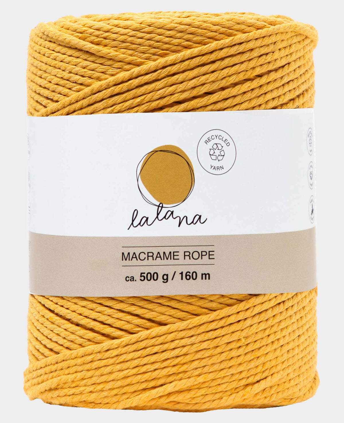 Macrame Rope mustard, Lalana Knüpfgarn für Makramee Projekte, Senfgelb, 2 mm x ca. 160 m, ca. 500 g
