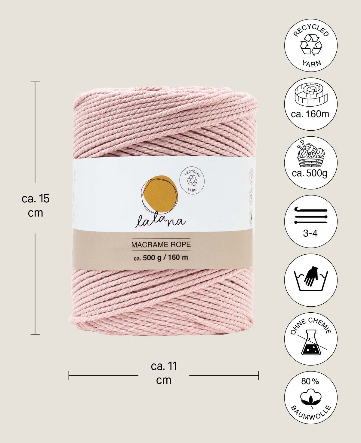 Macrame Rope powder, Lalana Knüpfgarn für Makramee Projekte, Rosa, 2 mm x ca. 160 m, ca. 500 g