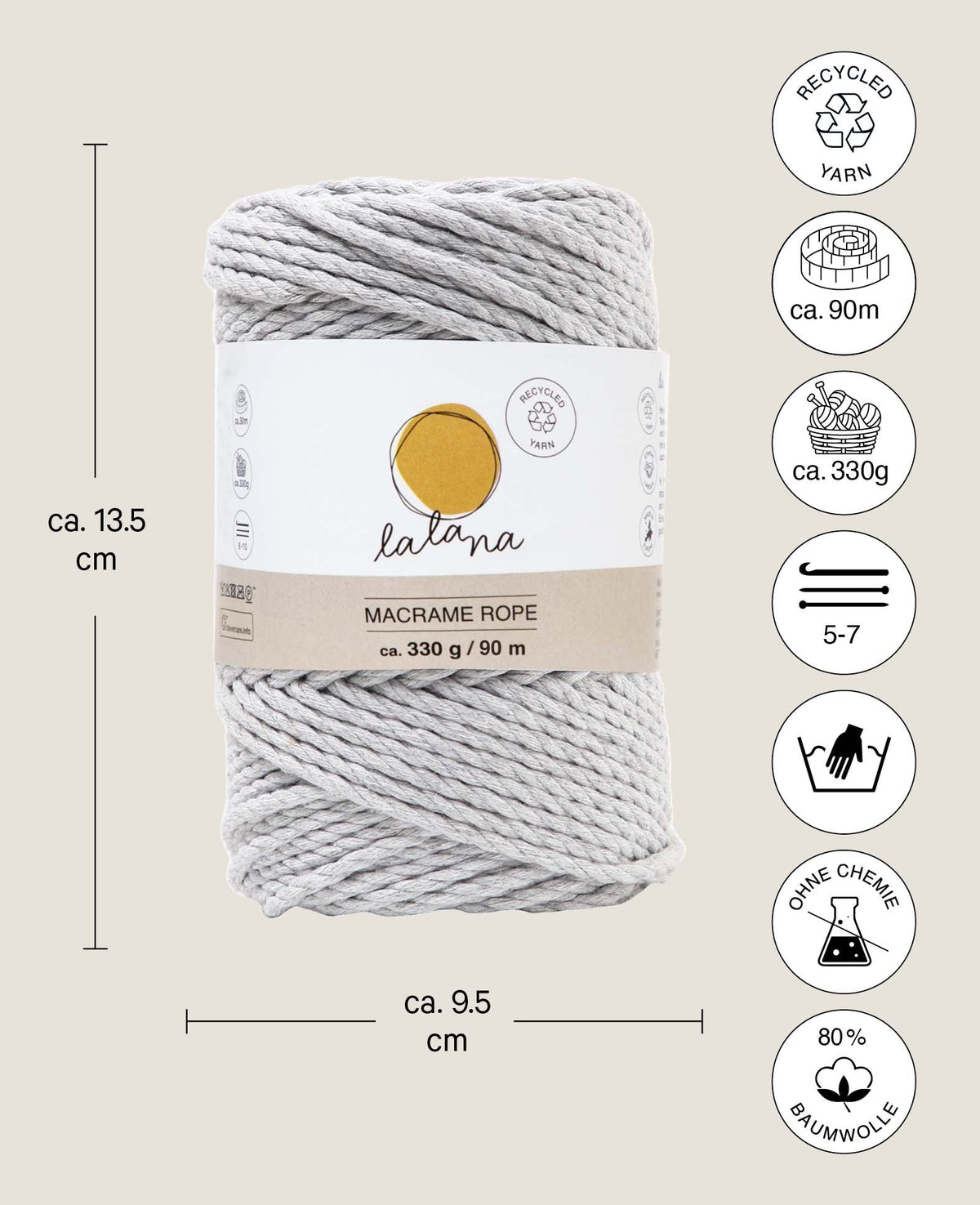 Macrame Rope light grey, Lalana Macrame Yarn for Macrame Projects, Light Grey, 3 mm x approx. 90 m, approx. 330 g