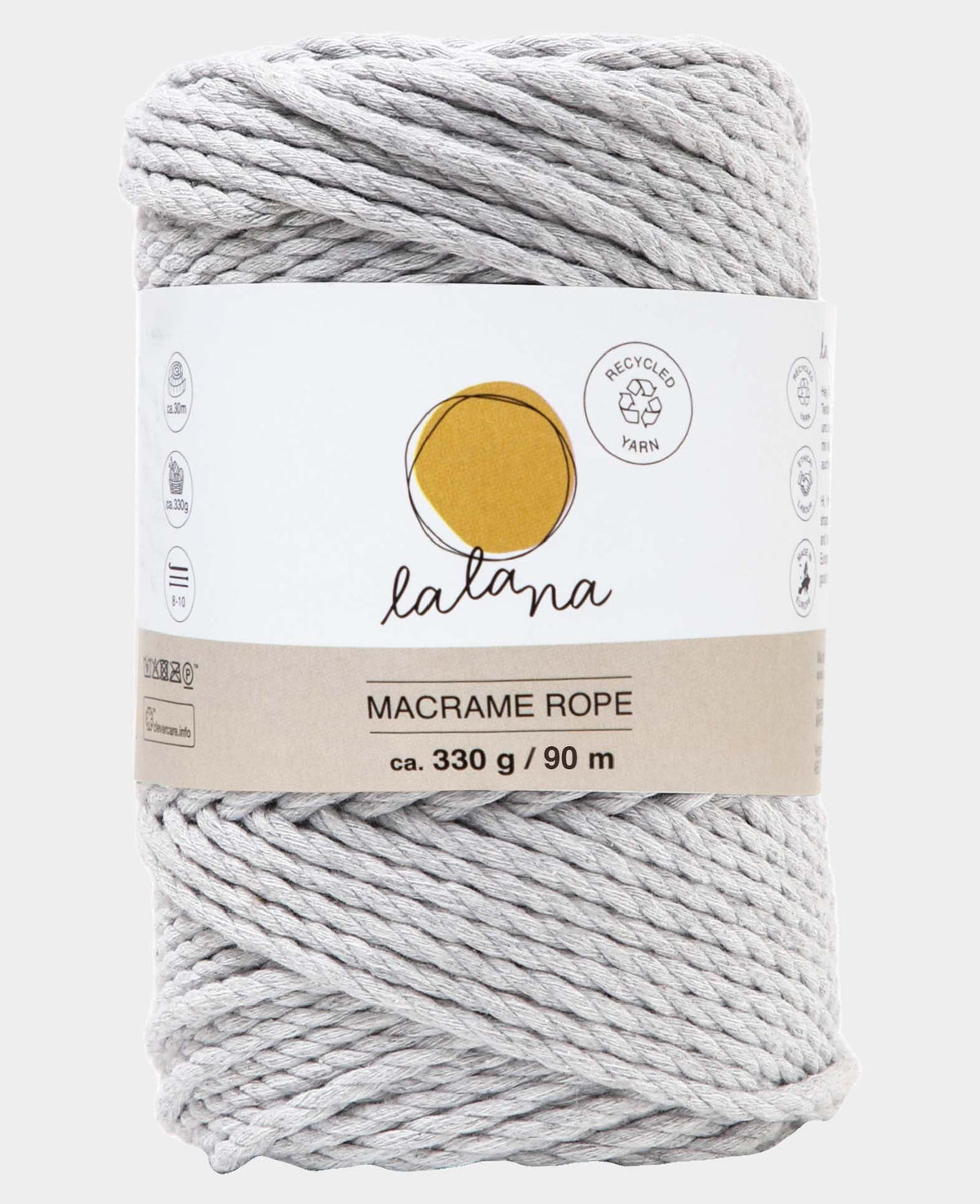 Macrame Rope light grey, Lalana Knüpfgarn für Makramee Projekte, Hellgrau, 3 mm x ca. 90 m, ca. 330 g