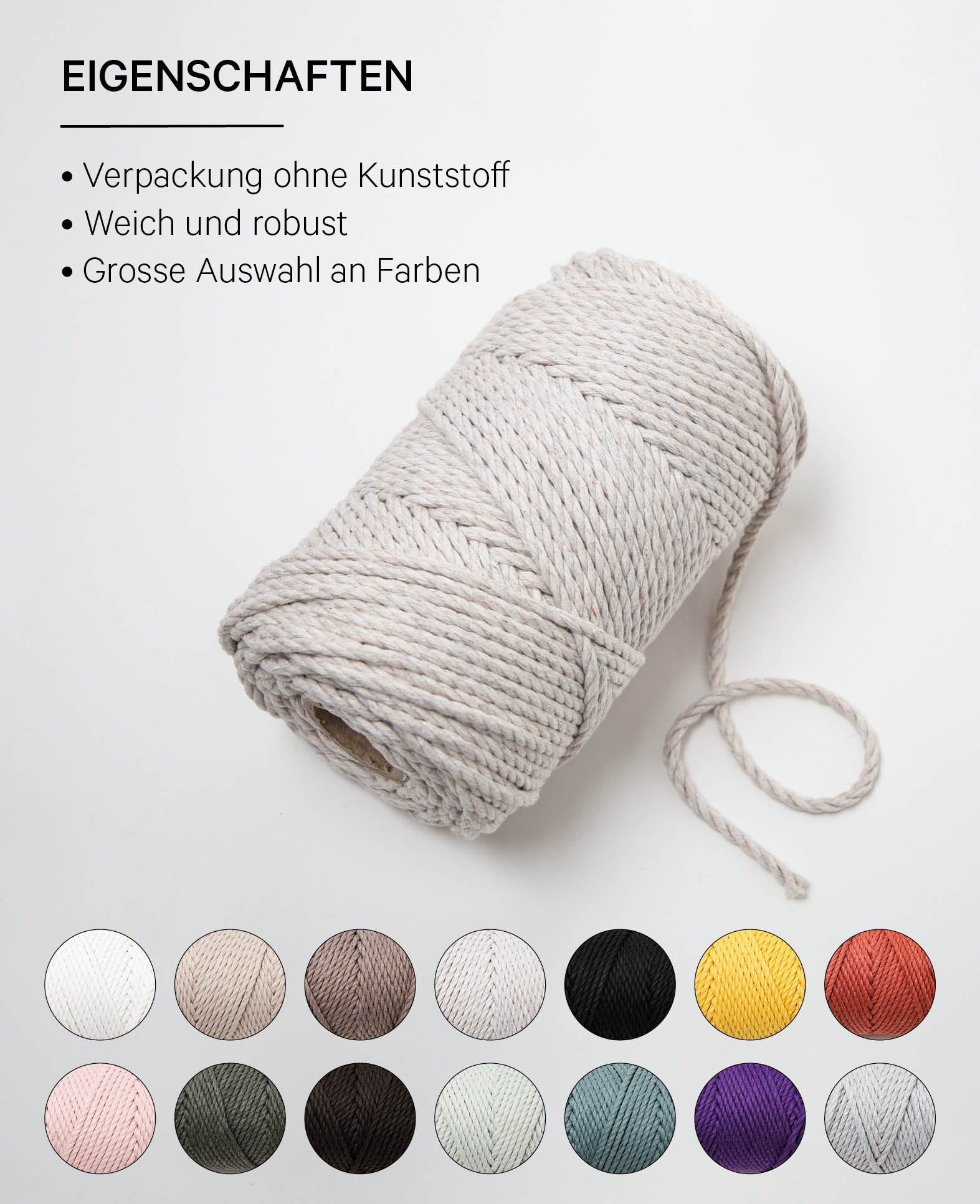 Macrame Rope light grey, Lalana Macrame Yarn for Macrame Projects, Light Grey, 3 mm x approx. 90 m, approx. 330 g