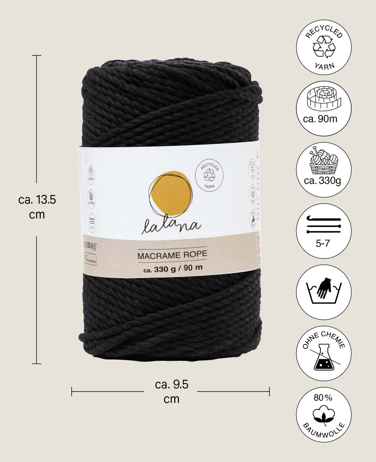 Macrame Rope black, Lalana Knüpfgarn für Makramee Projekte, Schwarz, 3 mm x ca. 90 m, ca. 330 g