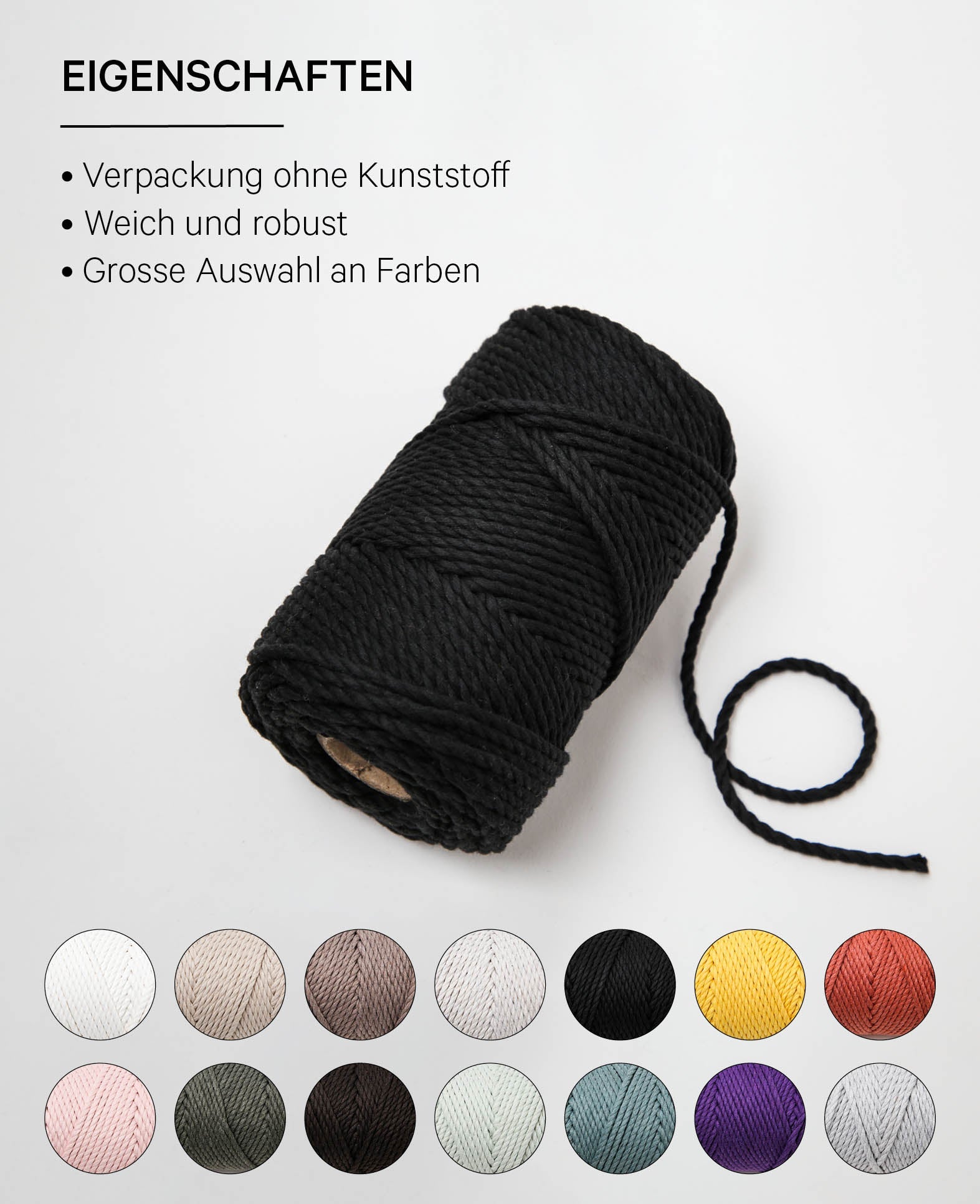 Macrame Rope black, Lalana Knüpfgarn für Makramee Projekte, Schwarz, 3 mm x ca. 90 m, ca. 330 g