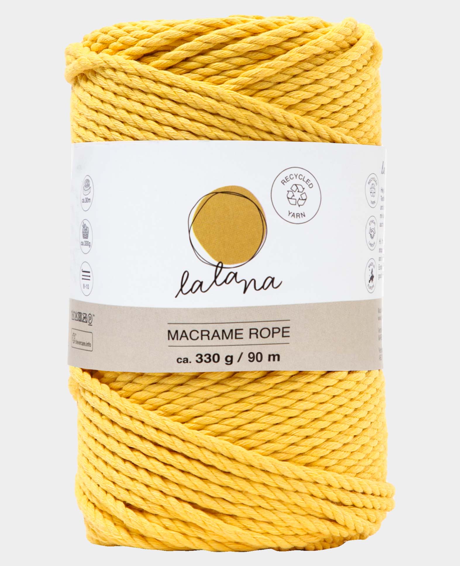 Macrame Rope mustard, Lalana Knüpfgarn für Makramee Projekte, Senfgelb, 3 mm x ca. 90 m, ca. 330 g